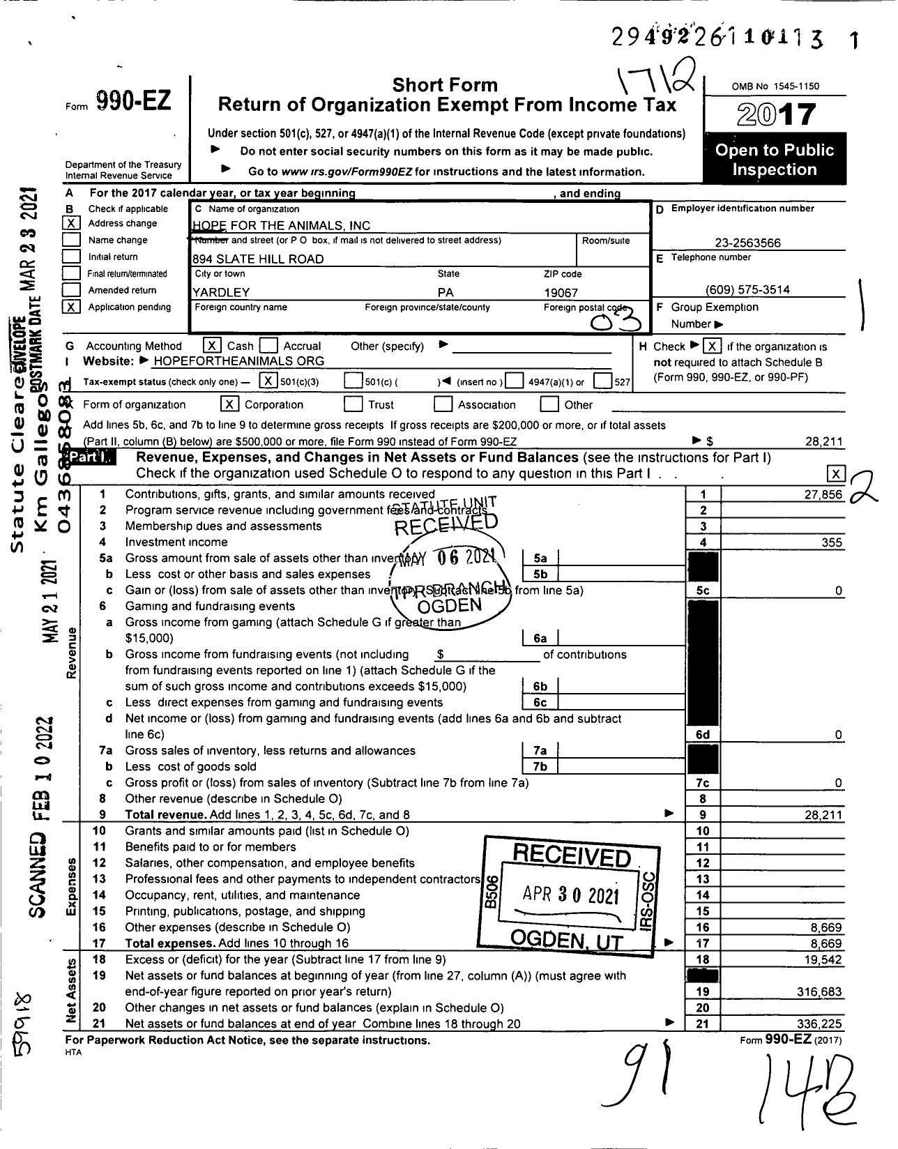 Image of first page of 2017 Form 990EZ for Hope for the Animals