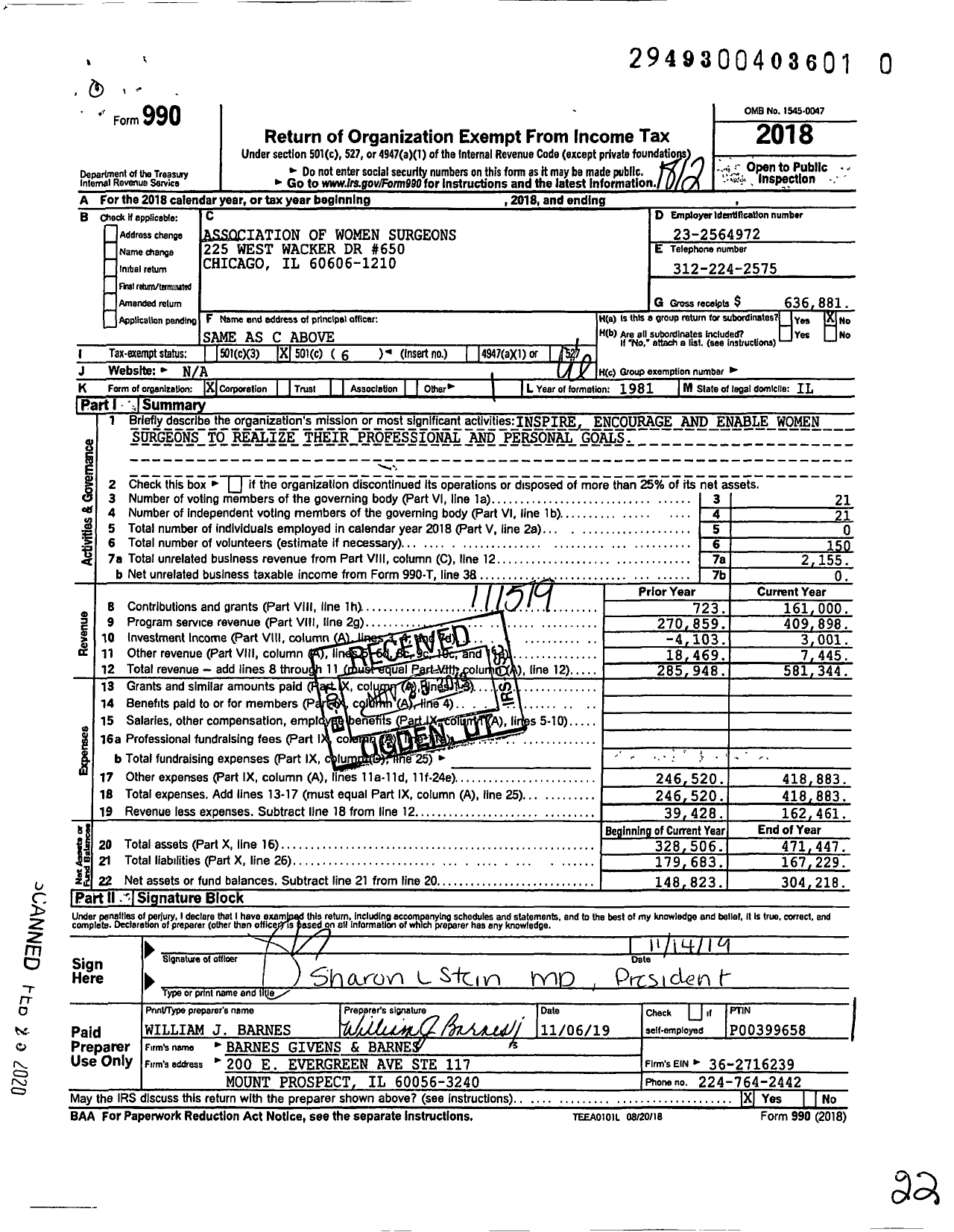 Image of first page of 2018 Form 990O for Association of Women Surgeons