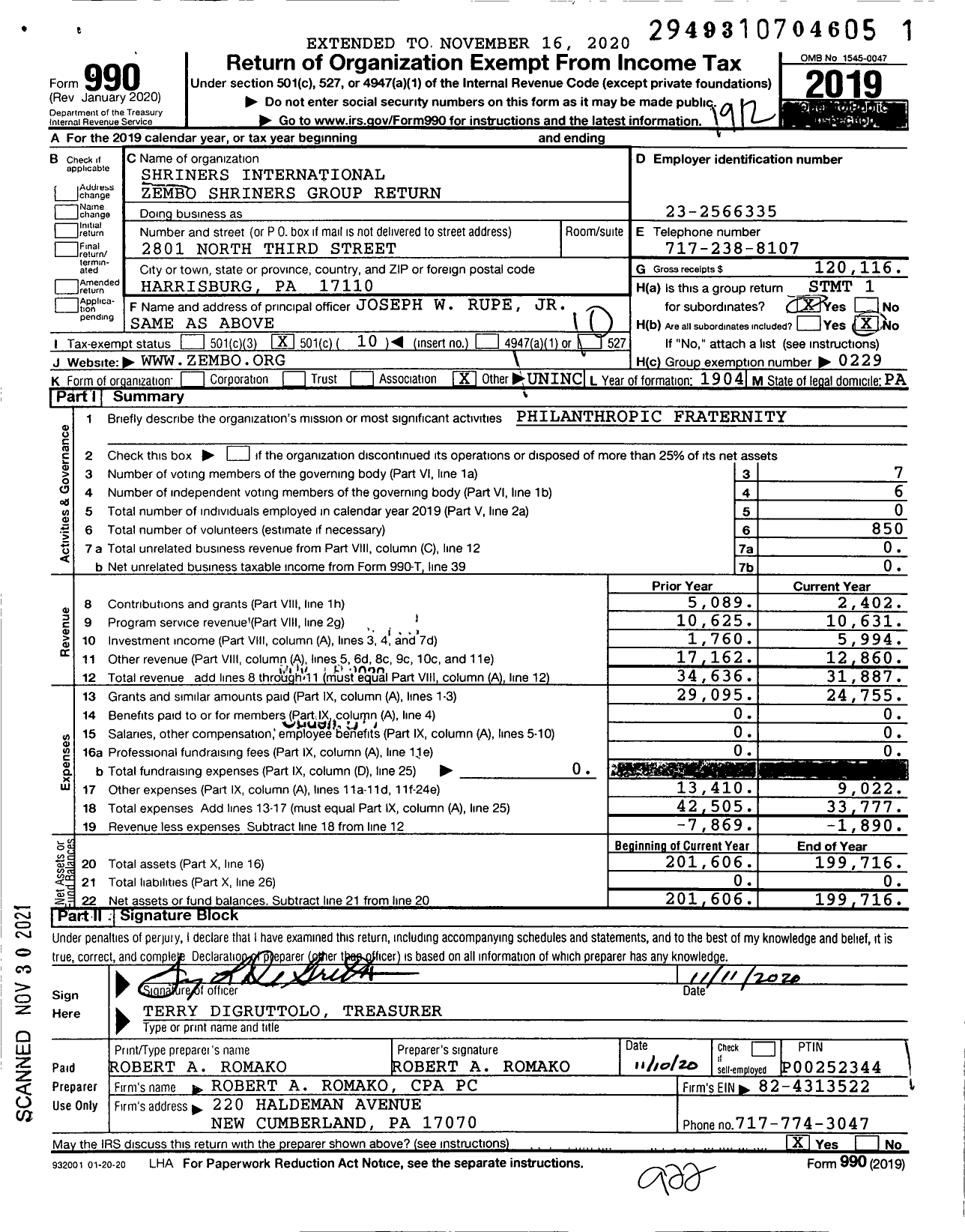 Image of first page of 2019 Form 990O for Shriners International Zembo Shriners Group Return