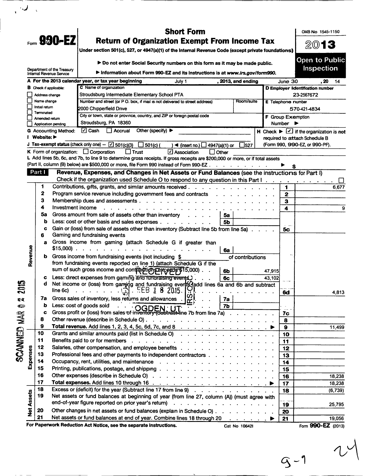 Image of first page of 2013 Form 990EZ for PTA Pennsylvania Congress / Chipperfield Elementary School PTA