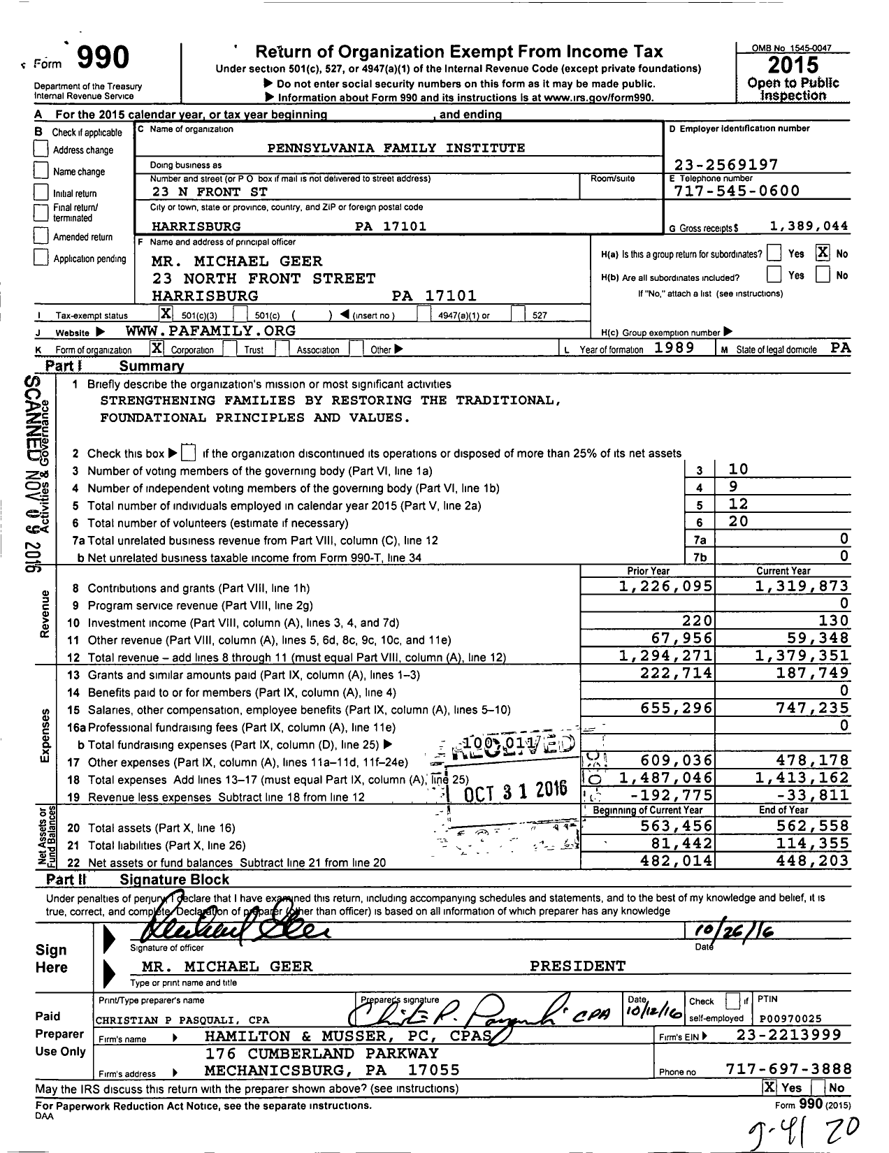 Image of first page of 2015 Form 990 for Pennsylvania Family Institute