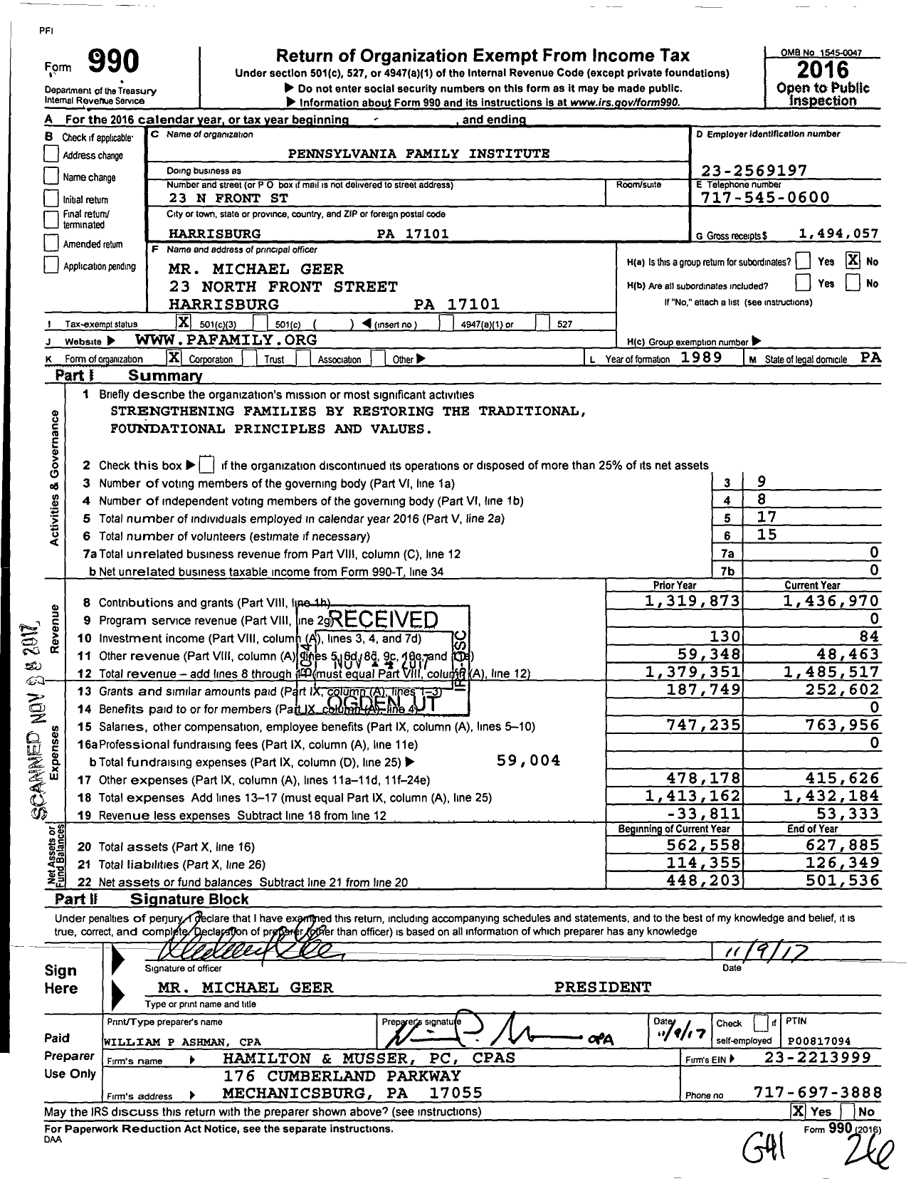 Image of first page of 2016 Form 990 for Pennsylvania Family Institute