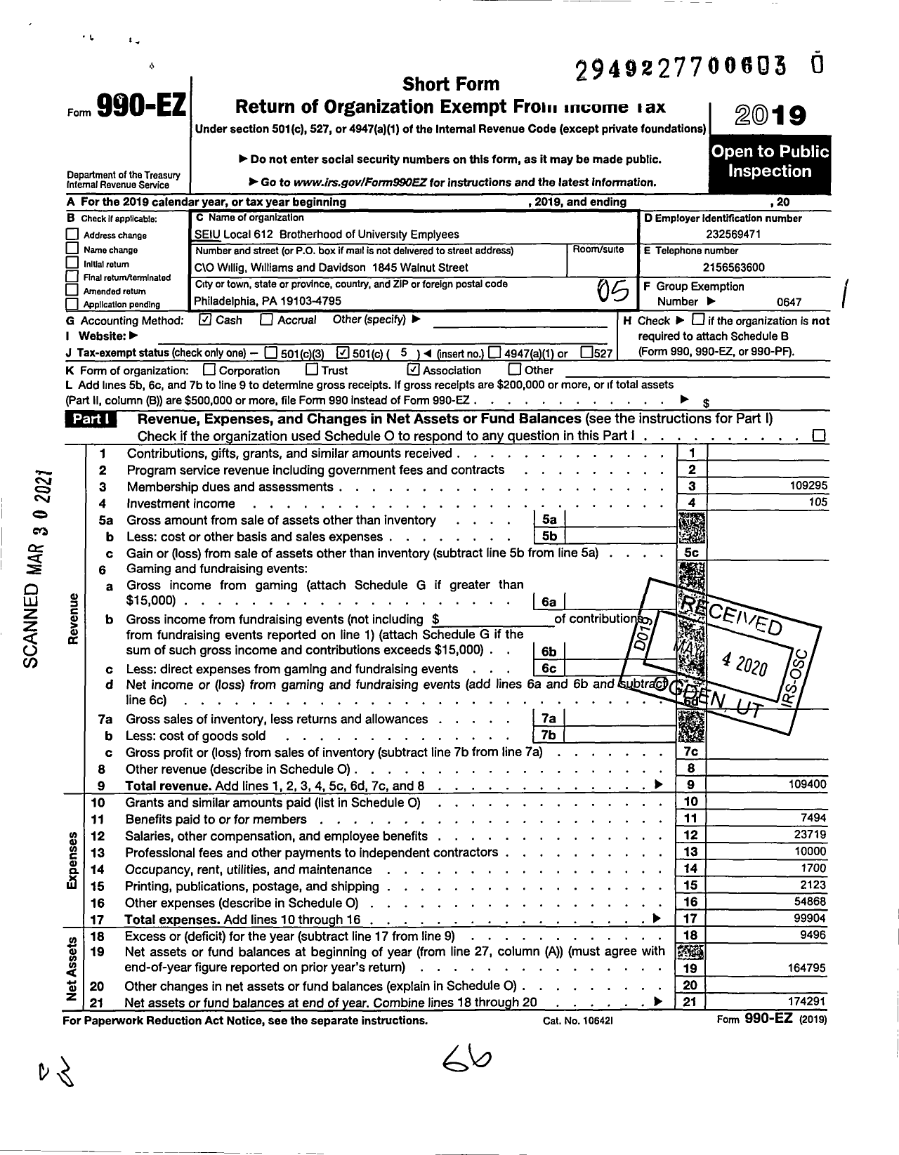 Image of first page of 2019 Form 990EO for Service Employees International Union - 612 Brotherhood of Univ Employees