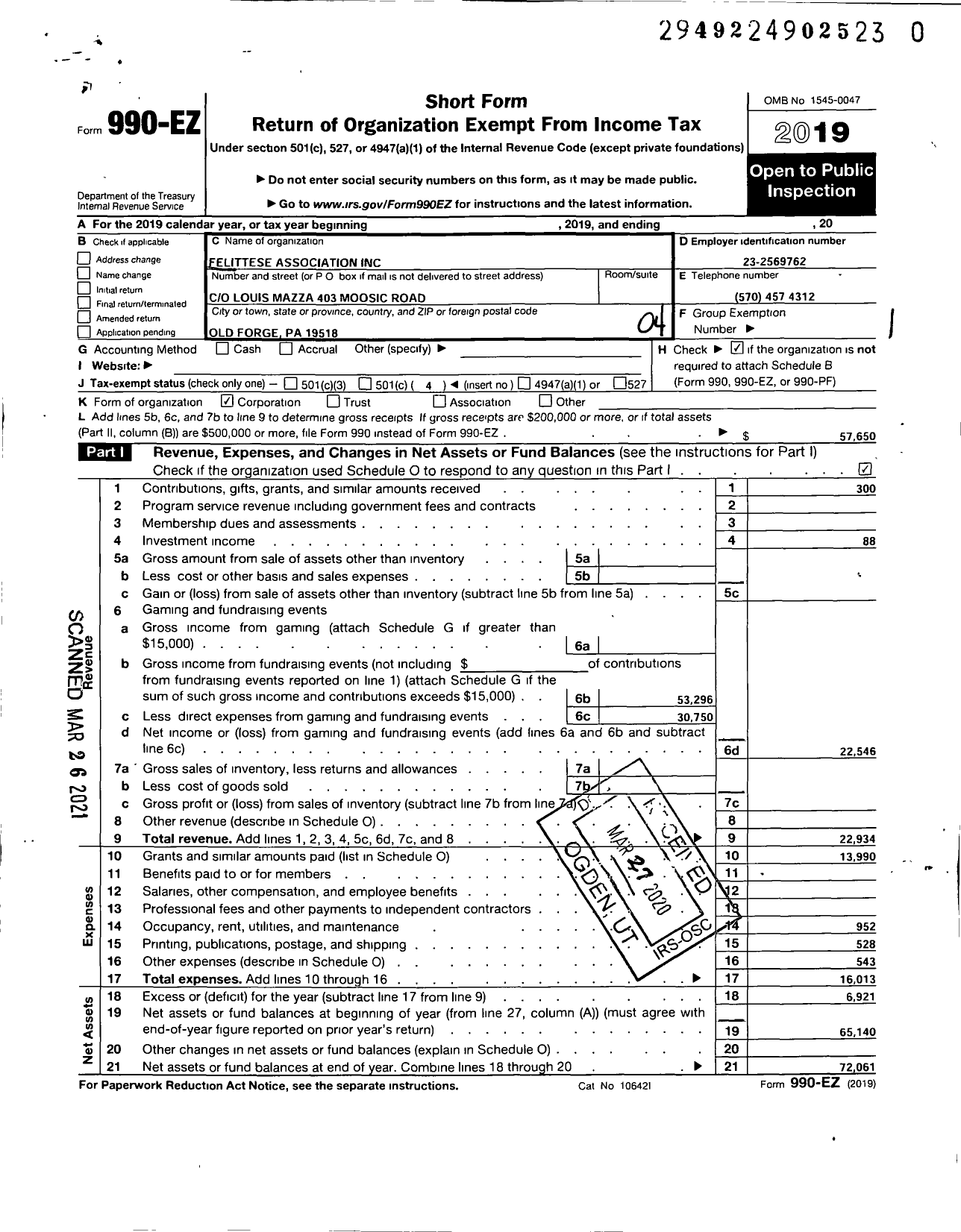 Image of first page of 2019 Form 990EO for Felittese Association