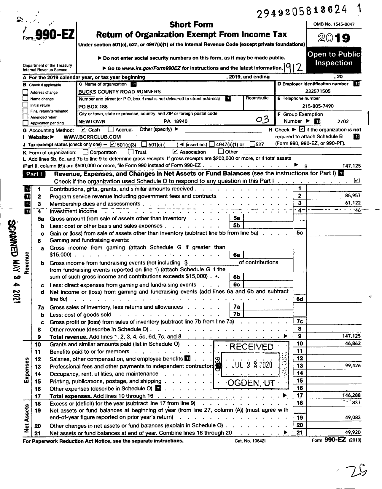 Image of first page of 2019 Form 990EZ for Bucks County Road Runners