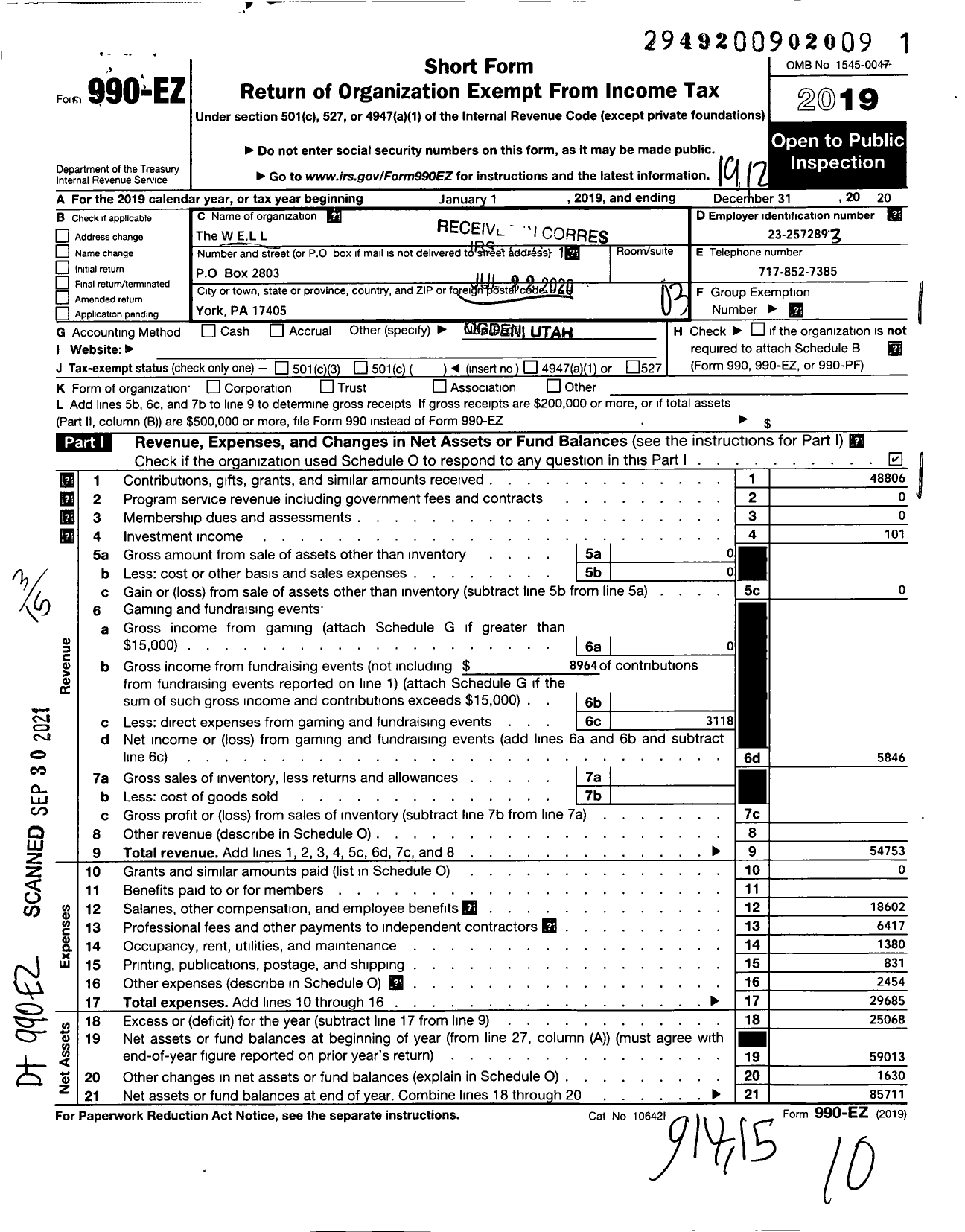 Image of first page of 2019 Form 990EZ for W E L L