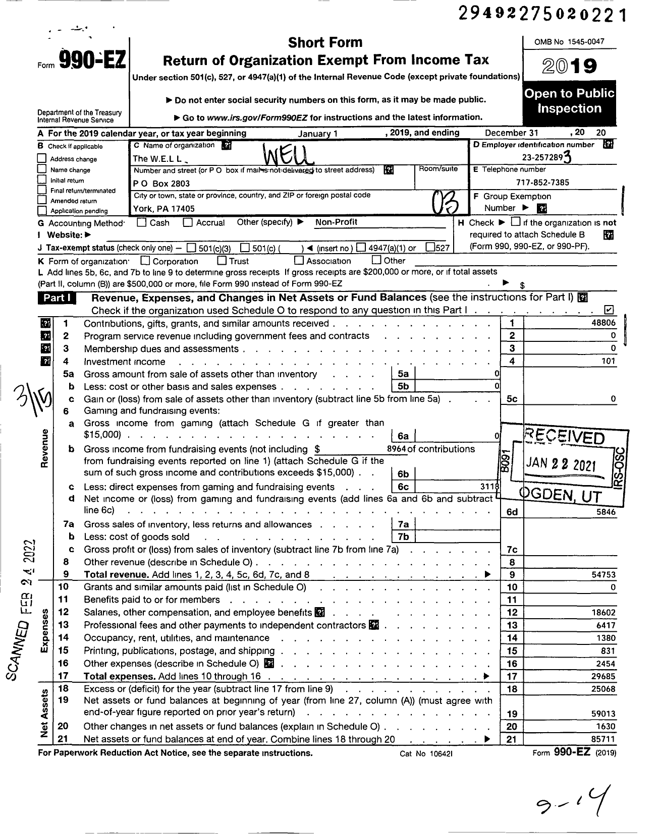 Image of first page of 2020 Form 990EZ for W E L L