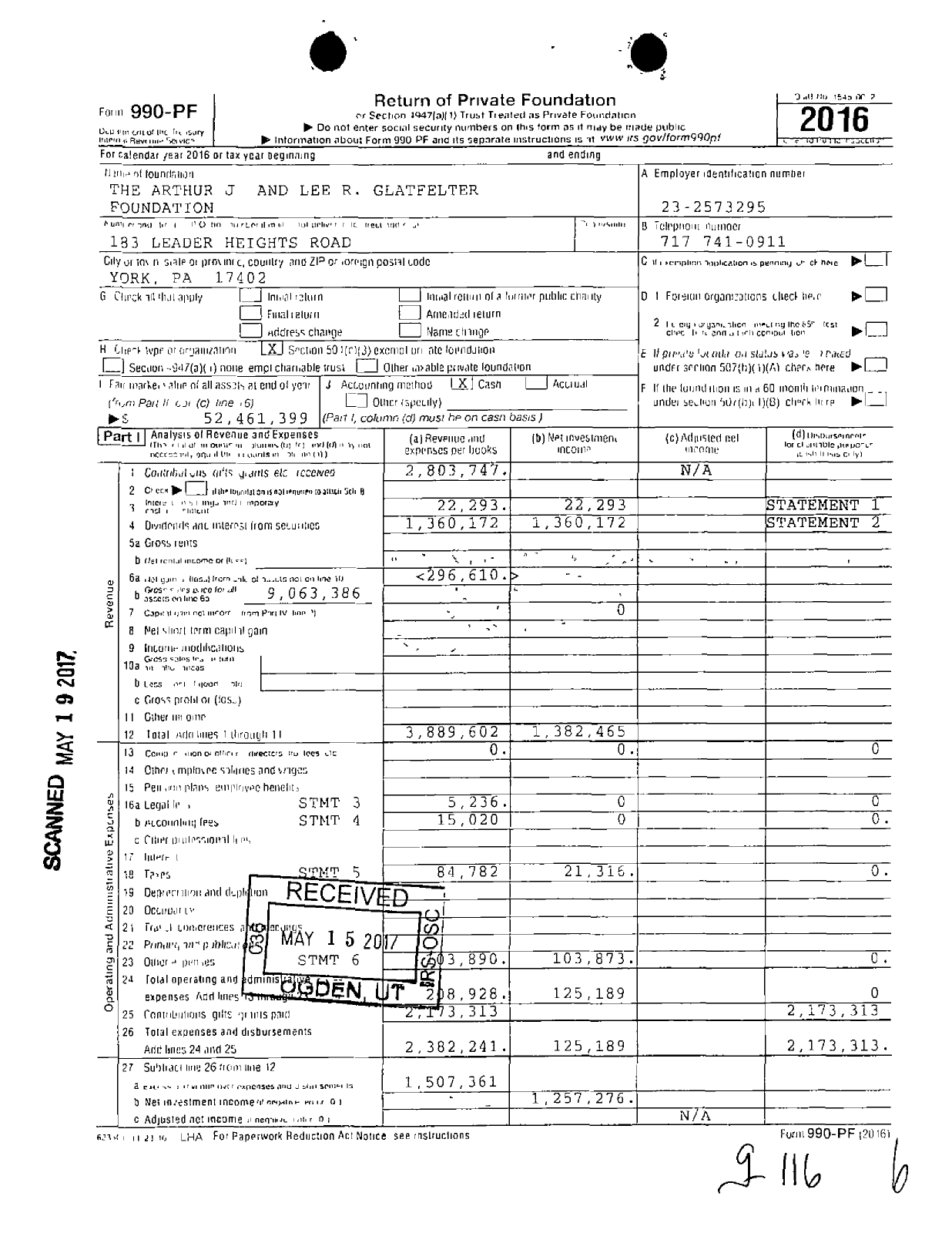 Image of first page of 2016 Form 990PF for The Arthur J and Lee R Glatfelter Foundation