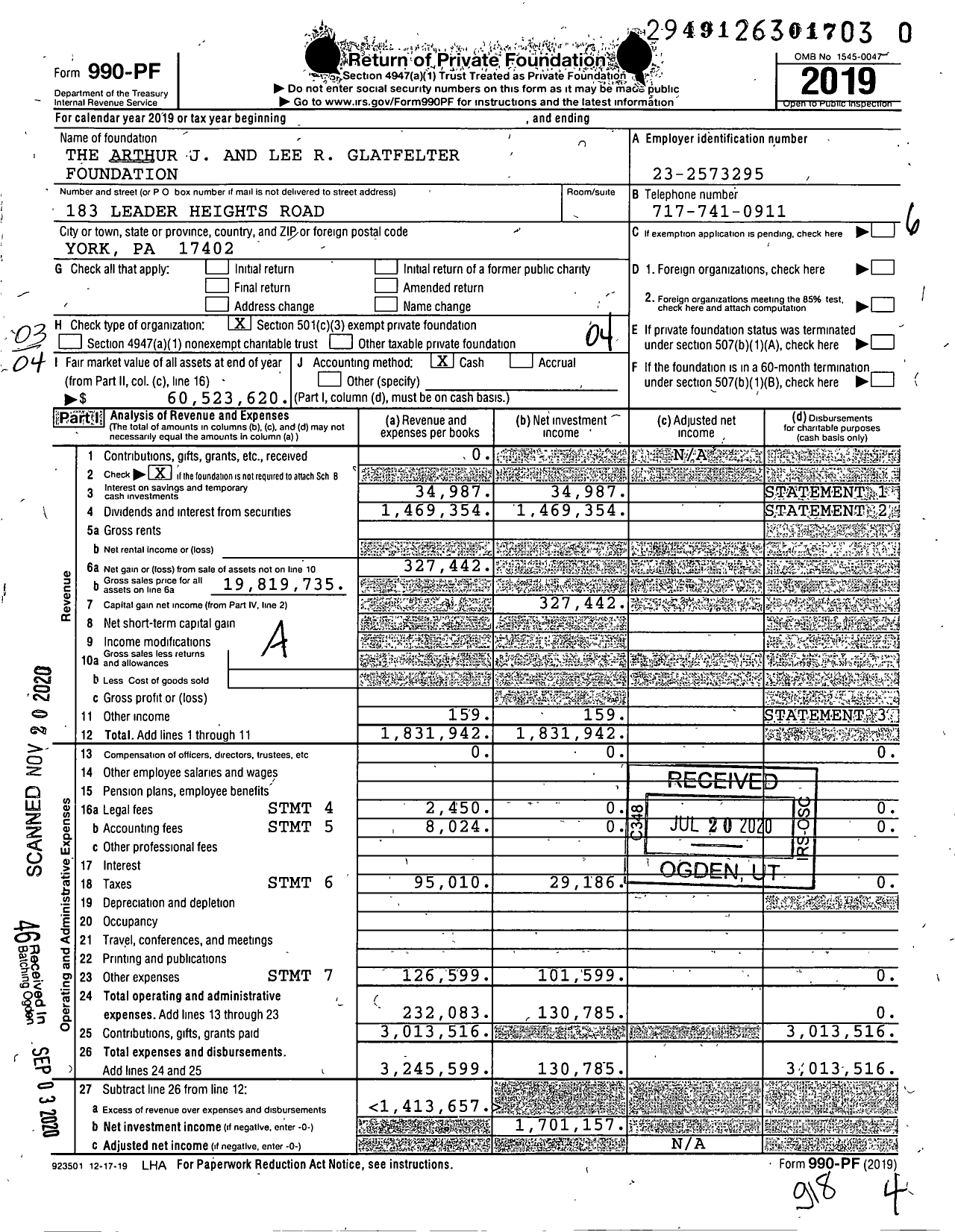 Image of first page of 2019 Form 990PF for The Arthur J and Lee R Glatfelter Foundation