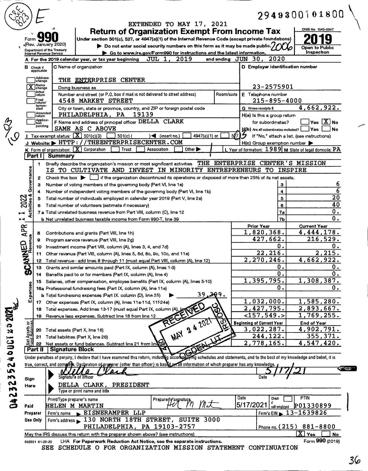 Image of first page of 2019 Form 990 for The Enterprise Center (TEC)