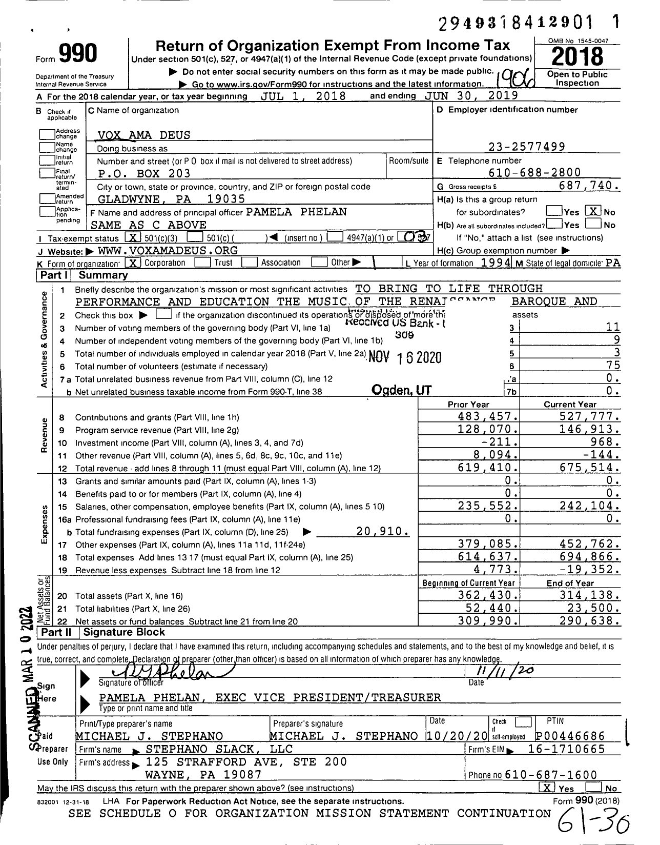 Image of first page of 2018 Form 990 for Vox Ama Deus