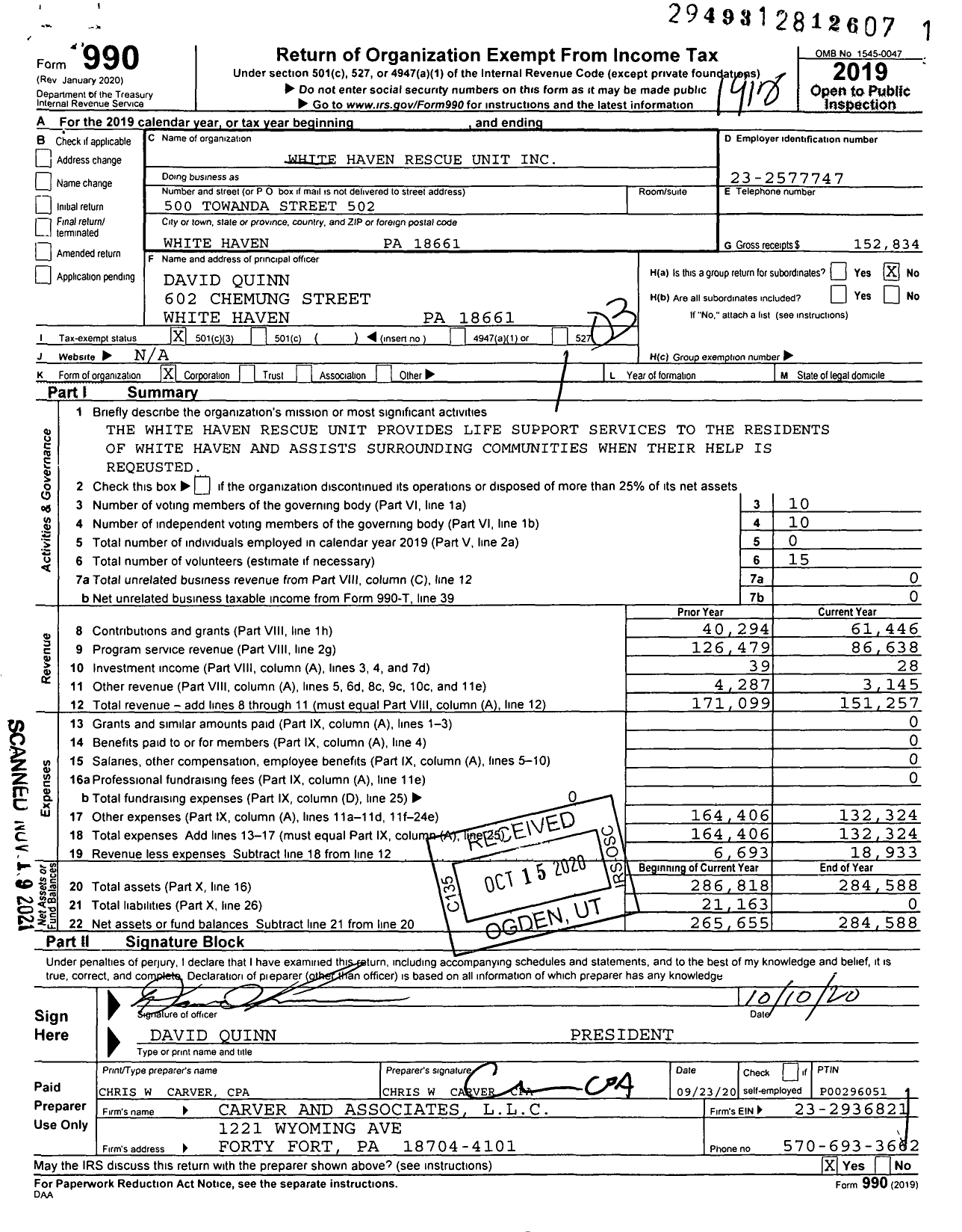 Image of first page of 2019 Form 990 for White Haven Rescue Unit