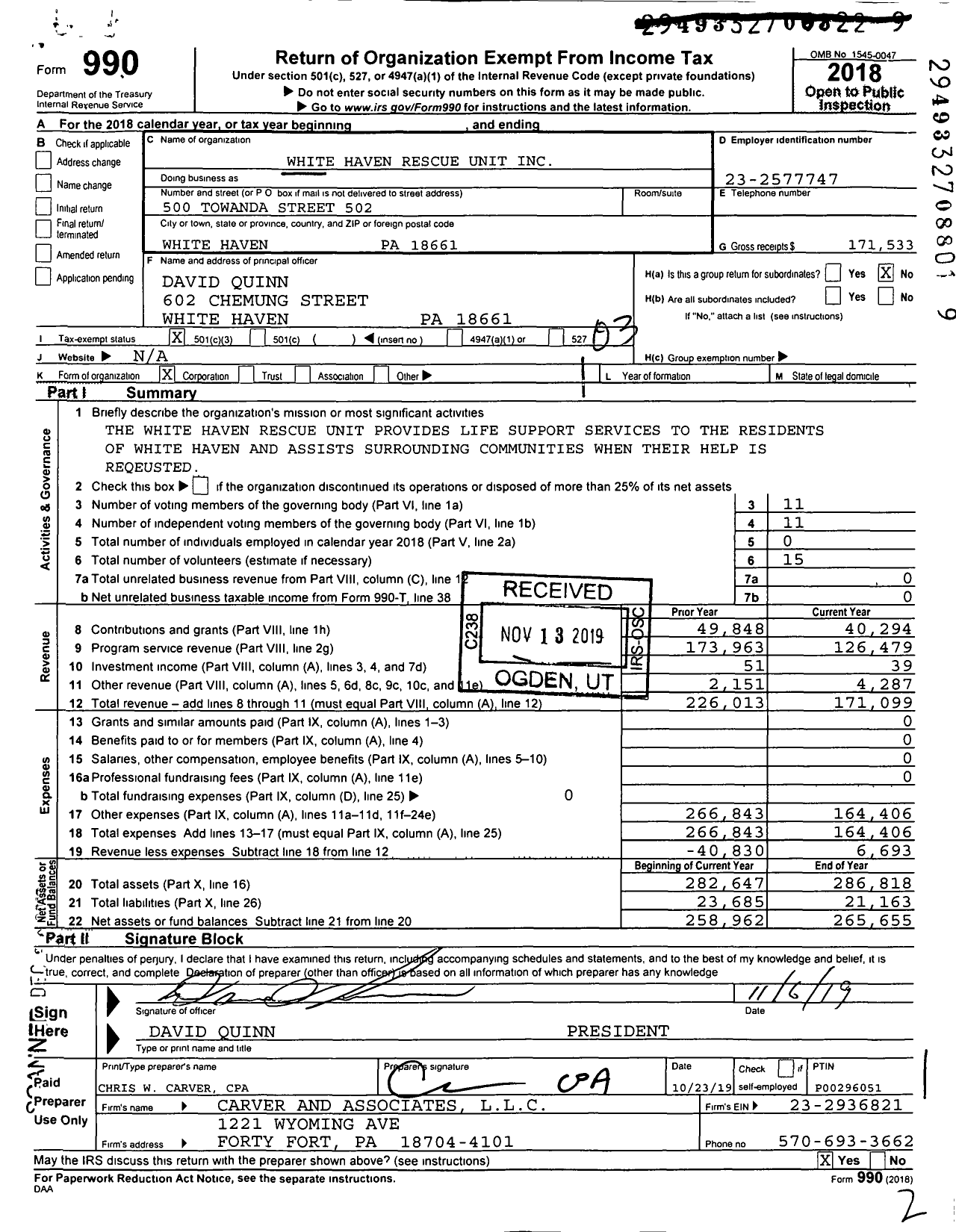 Image of first page of 2018 Form 990 for White Haven Rescue Unit