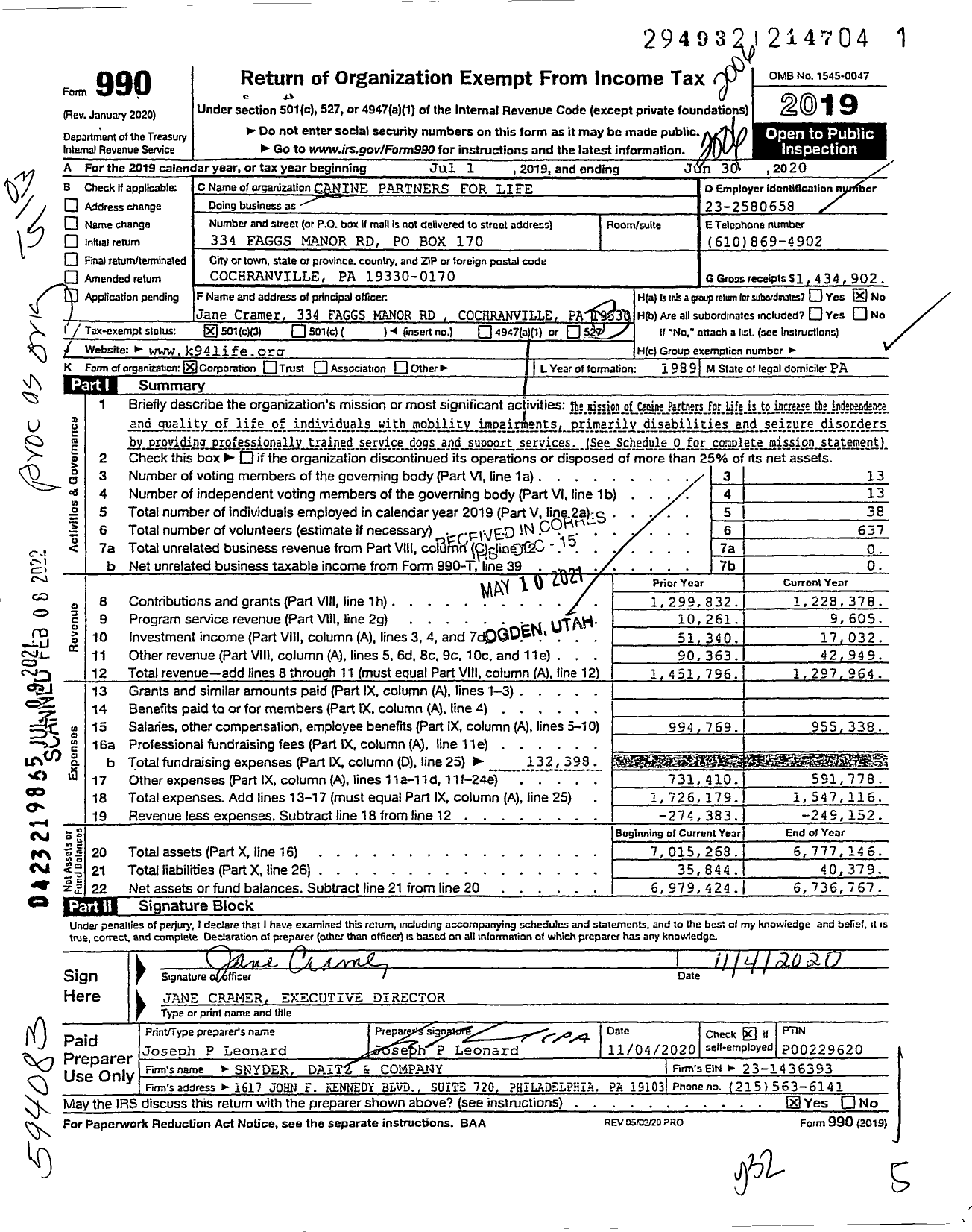 Image of first page of 2019 Form 990 for Canine Partners for Life (CPL)