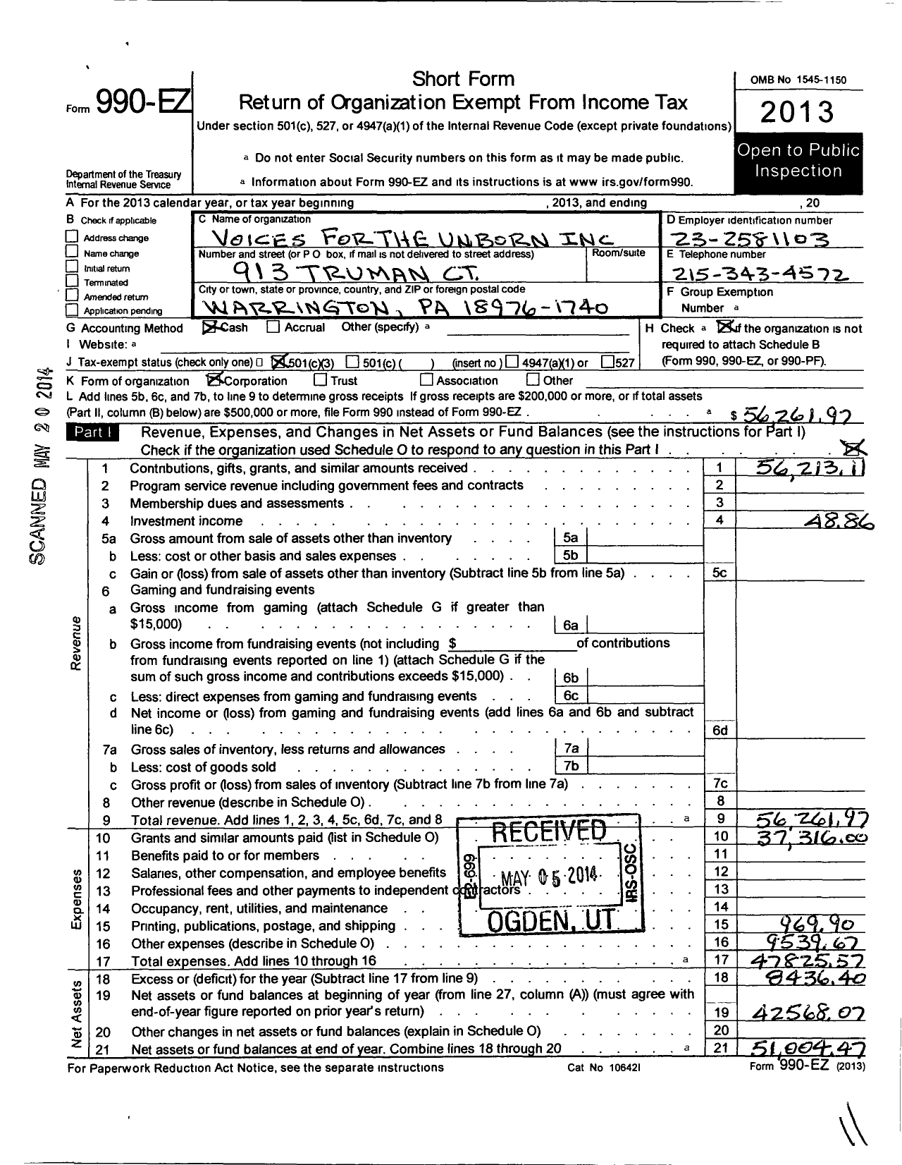 Image of first page of 2013 Form 990EZ for Bucks County Pro-Life Coalition