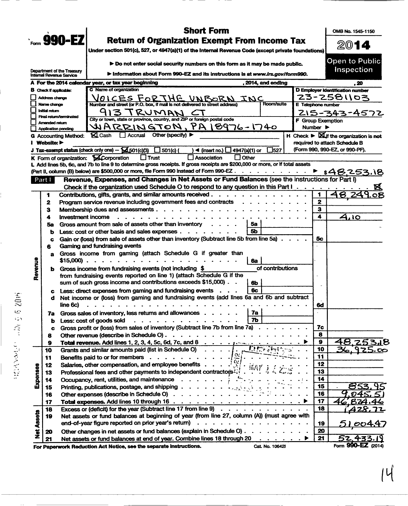 Image of first page of 2014 Form 990EZ for Bucks County Pro-Life Coalition