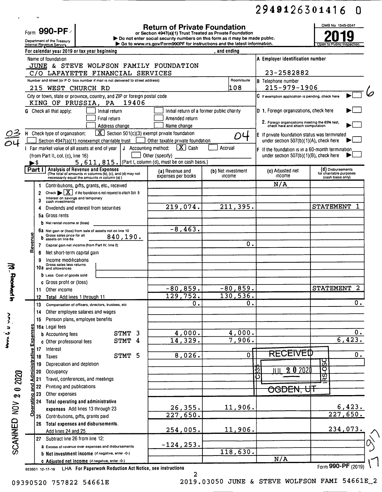 Image of first page of 2019 Form 990PF for June and Steve Wolfson Family Foundation