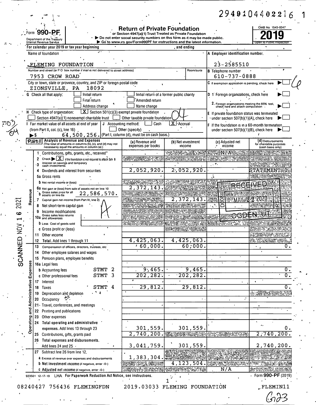 Image of first page of 2019 Form 990PF for Fleming Foundation