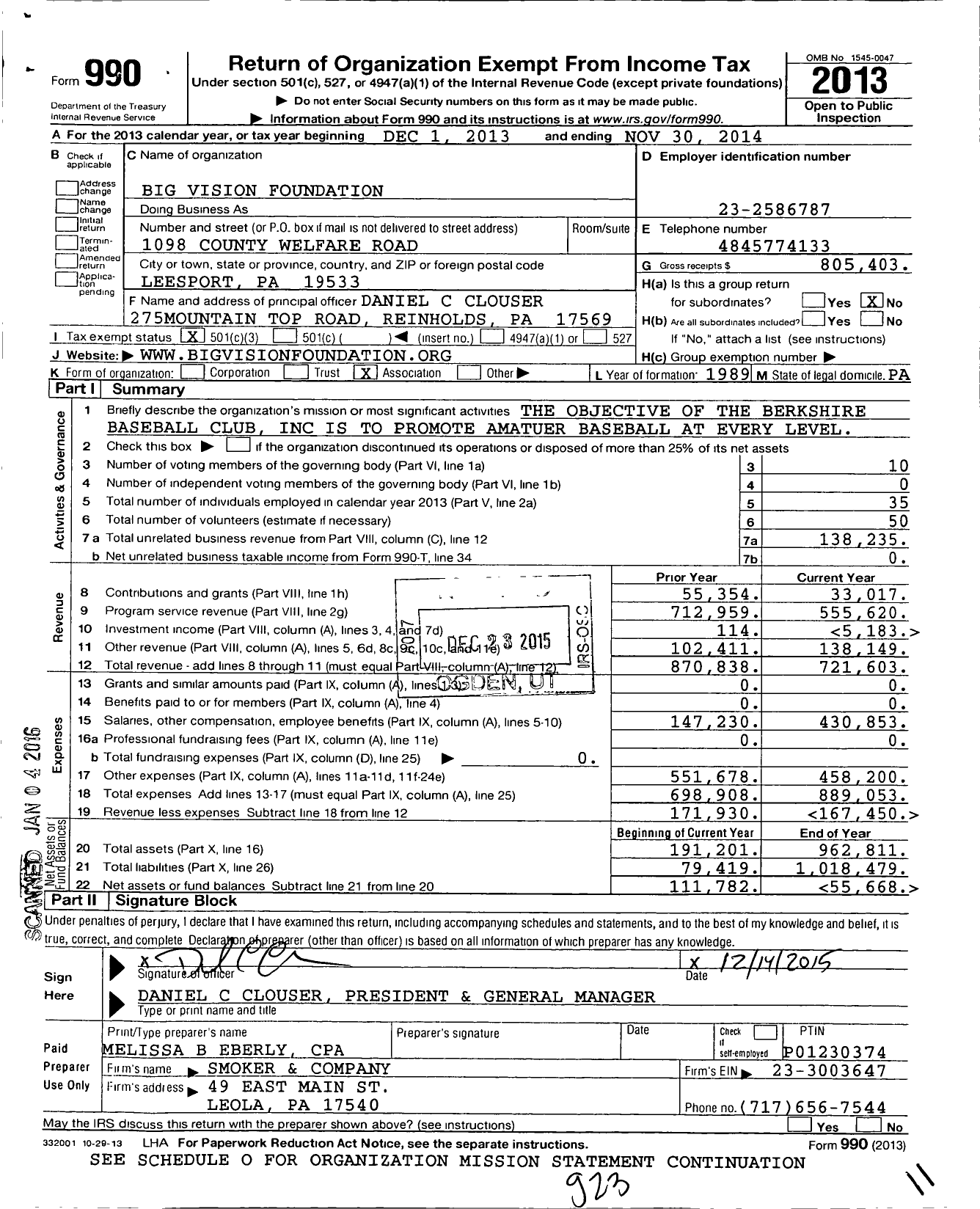 Image of first page of 2013 Form 990 for Big Vision Foundation