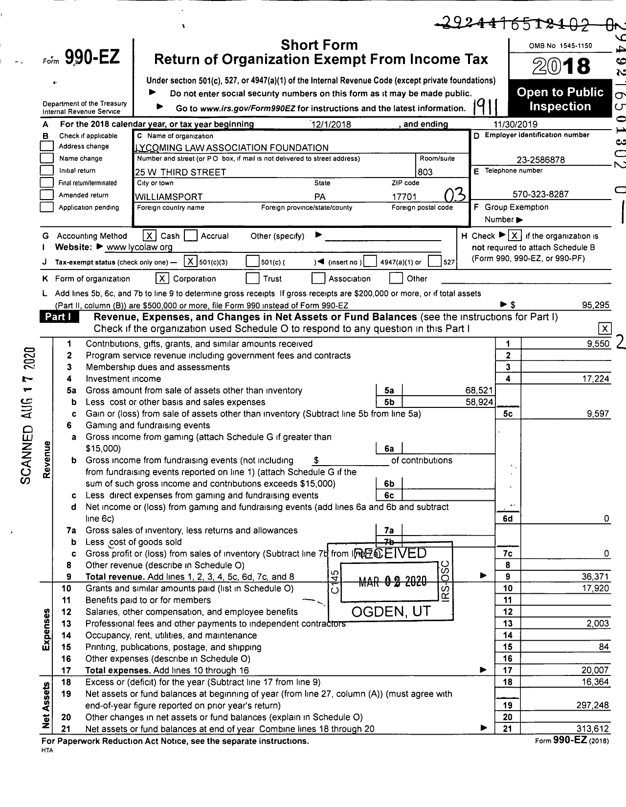 Image of first page of 2018 Form 990EZ for Lycoming Law Association Foundation