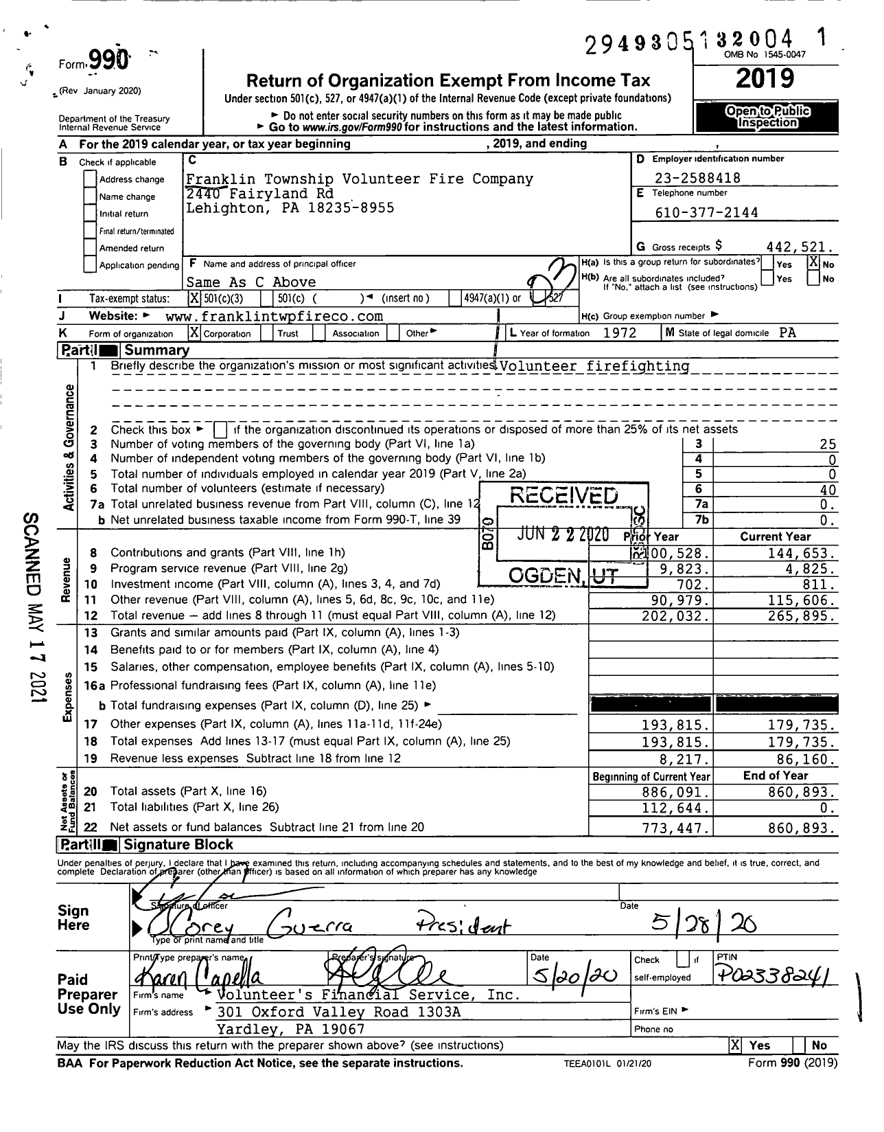 Image of first page of 2019 Form 990 for Franklin Township Volunteer Fire Company