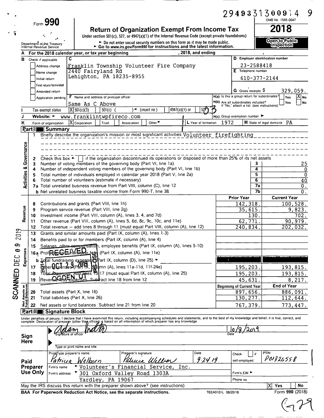 Image of first page of 2018 Form 990 for Franklin Township Volunteer Fire Company