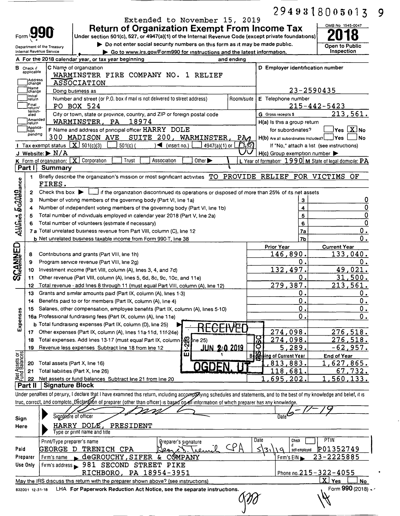 Image of first page of 2018 Form 990 for Warminster Fire Company No 1 Relief Association