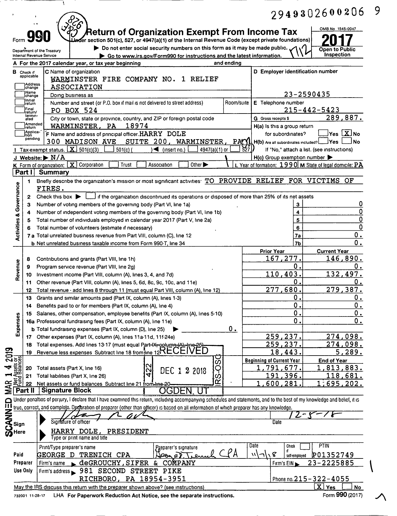 Image of first page of 2017 Form 990 for Warminster Fire Company No 1 Relief Association