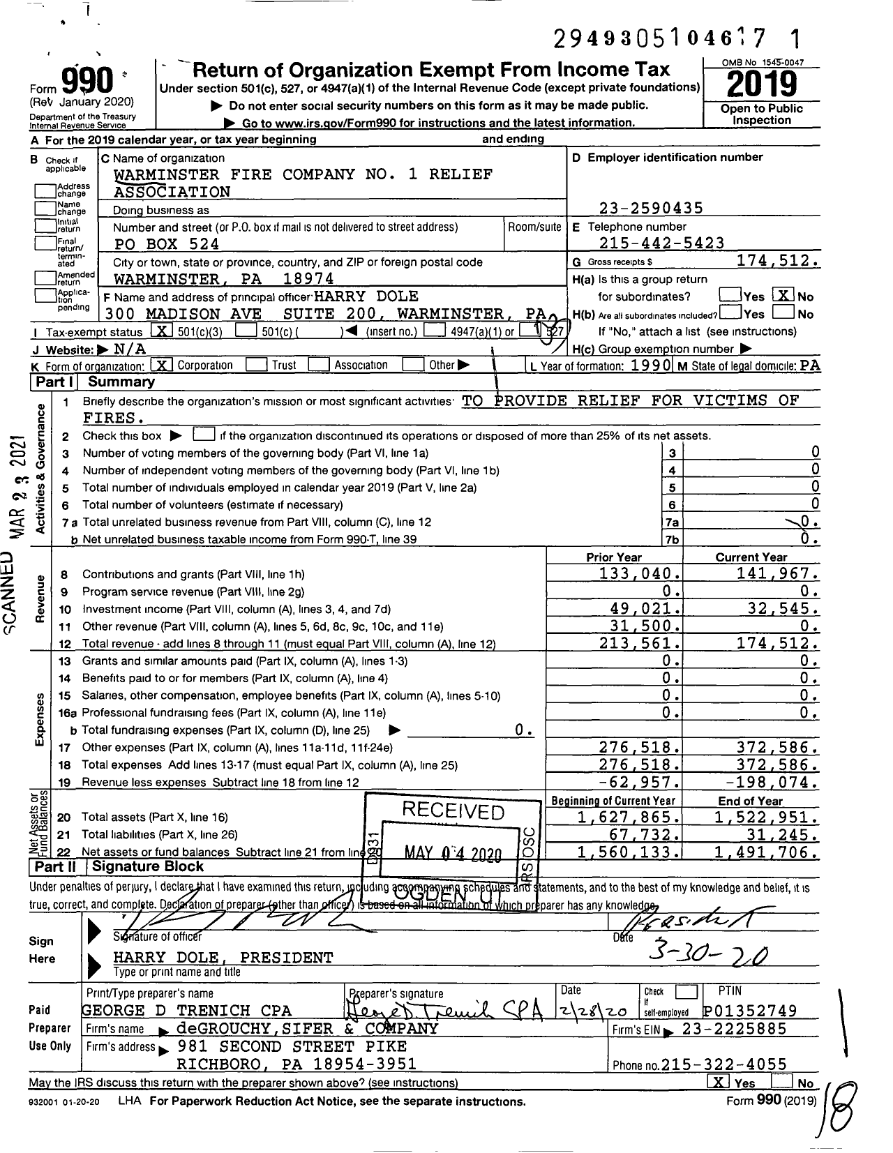 Image of first page of 2019 Form 990 for Warminster Fire Company No 1 Relief Association