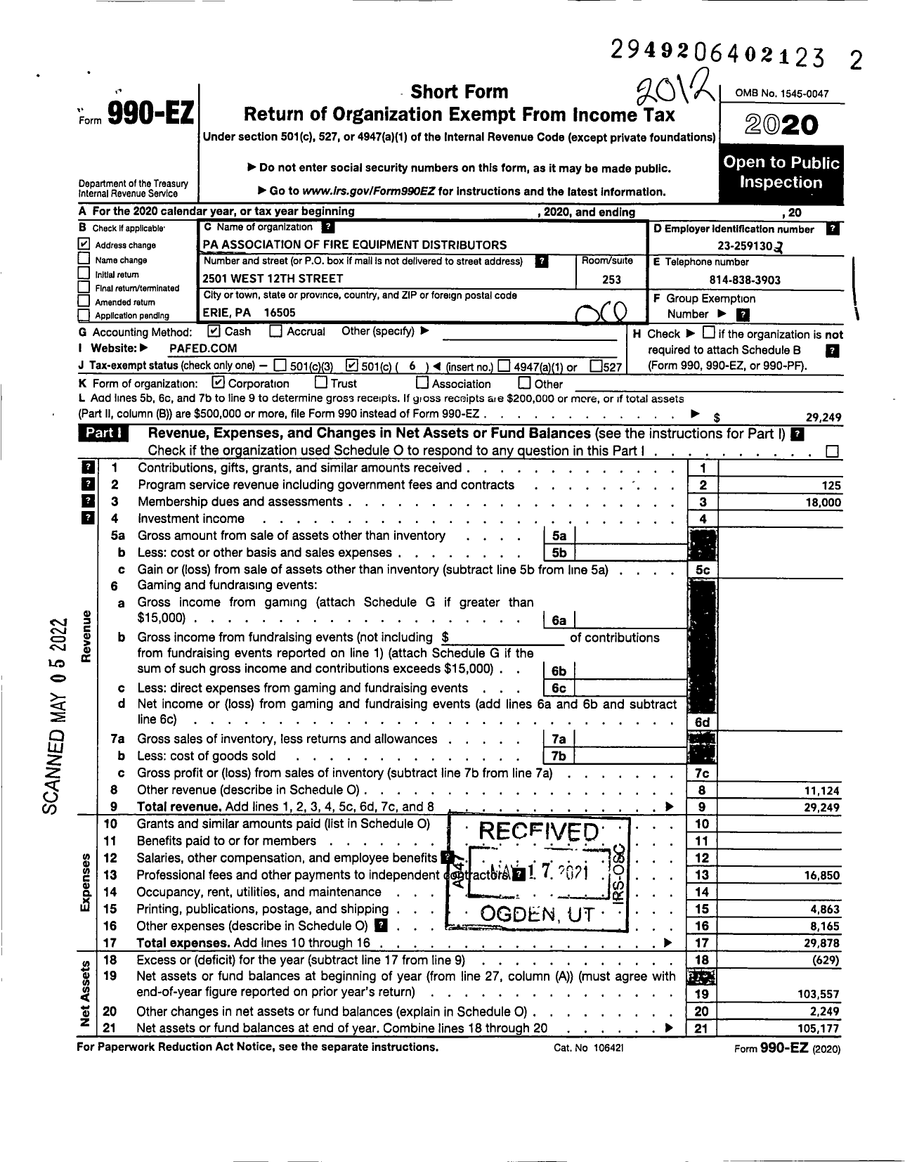 Image of first page of 2020 Form 990EO for Pennsylvania Association of Fire Equipment Distributors