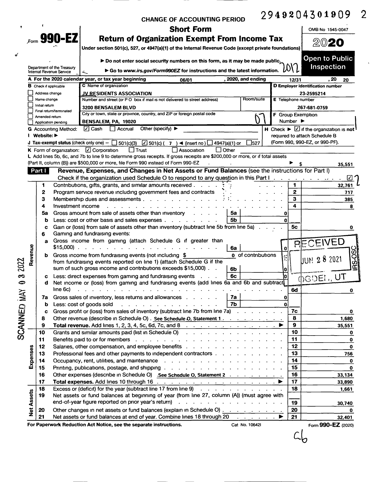Image of first page of 2020 Form 990EO for JV Residents Association