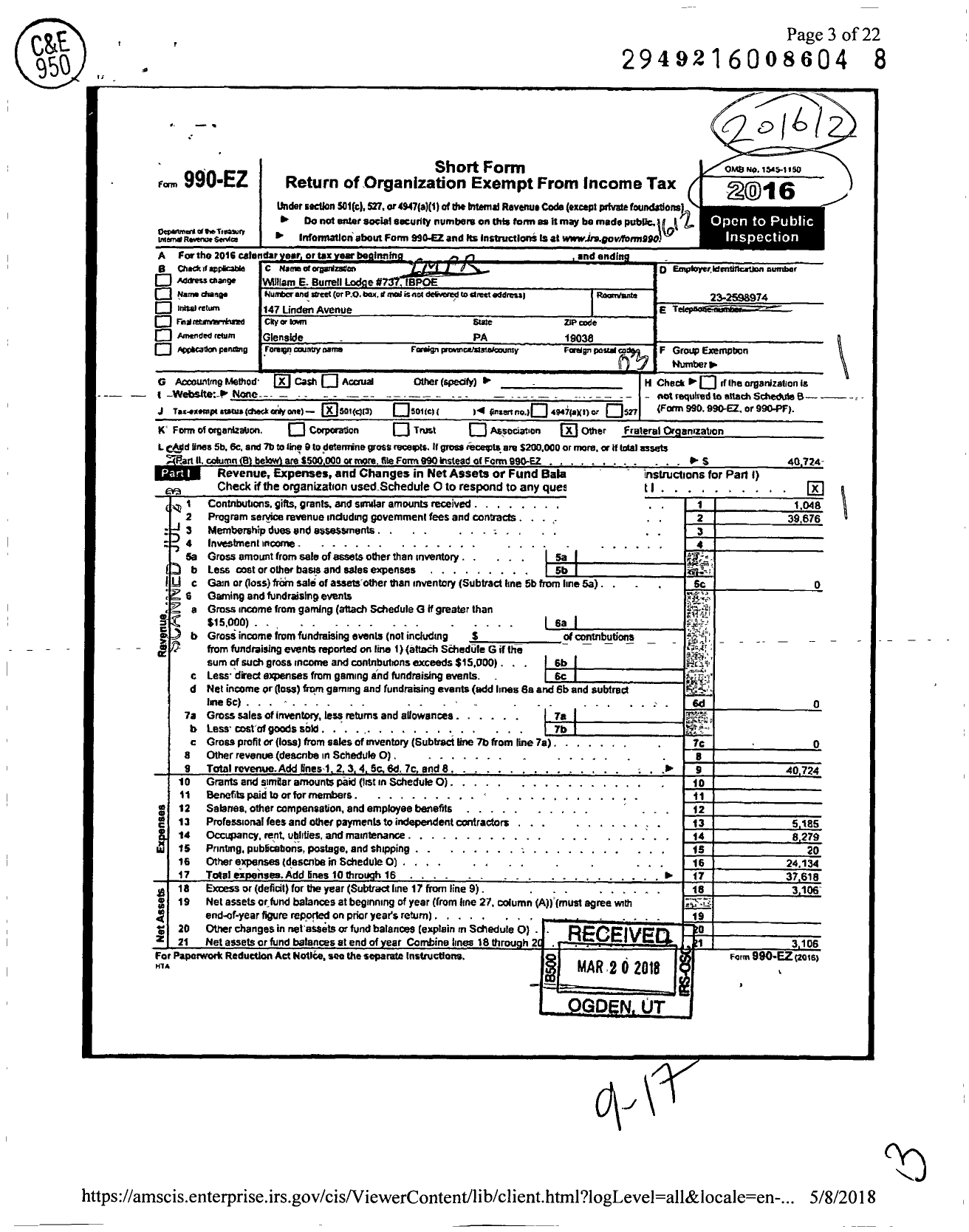 Image of first page of 2016 Form 990EZ for Improved Benevolent and Protective Order of Elks of the World - William E Burrell Lodge 737