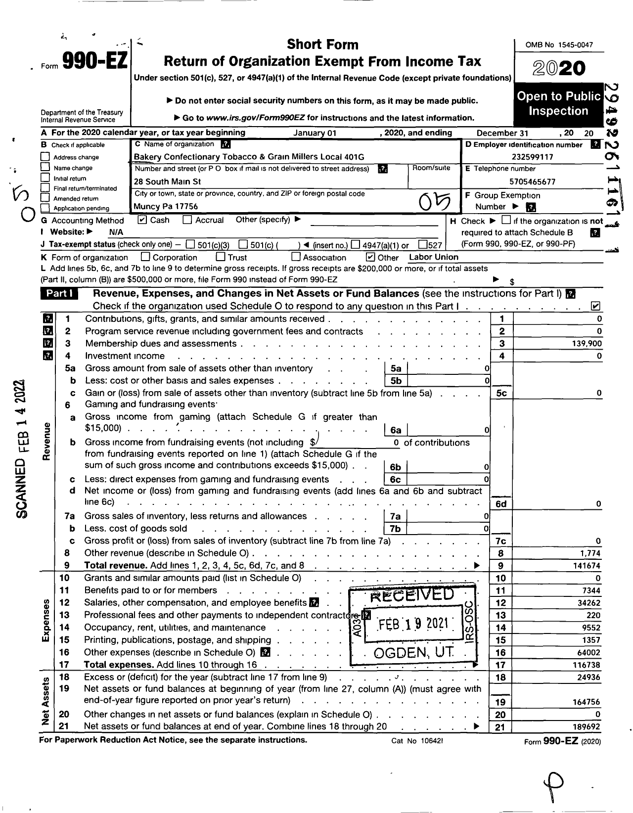 Image of first page of 2020 Form 990EO for BCTGM International Union - 401G