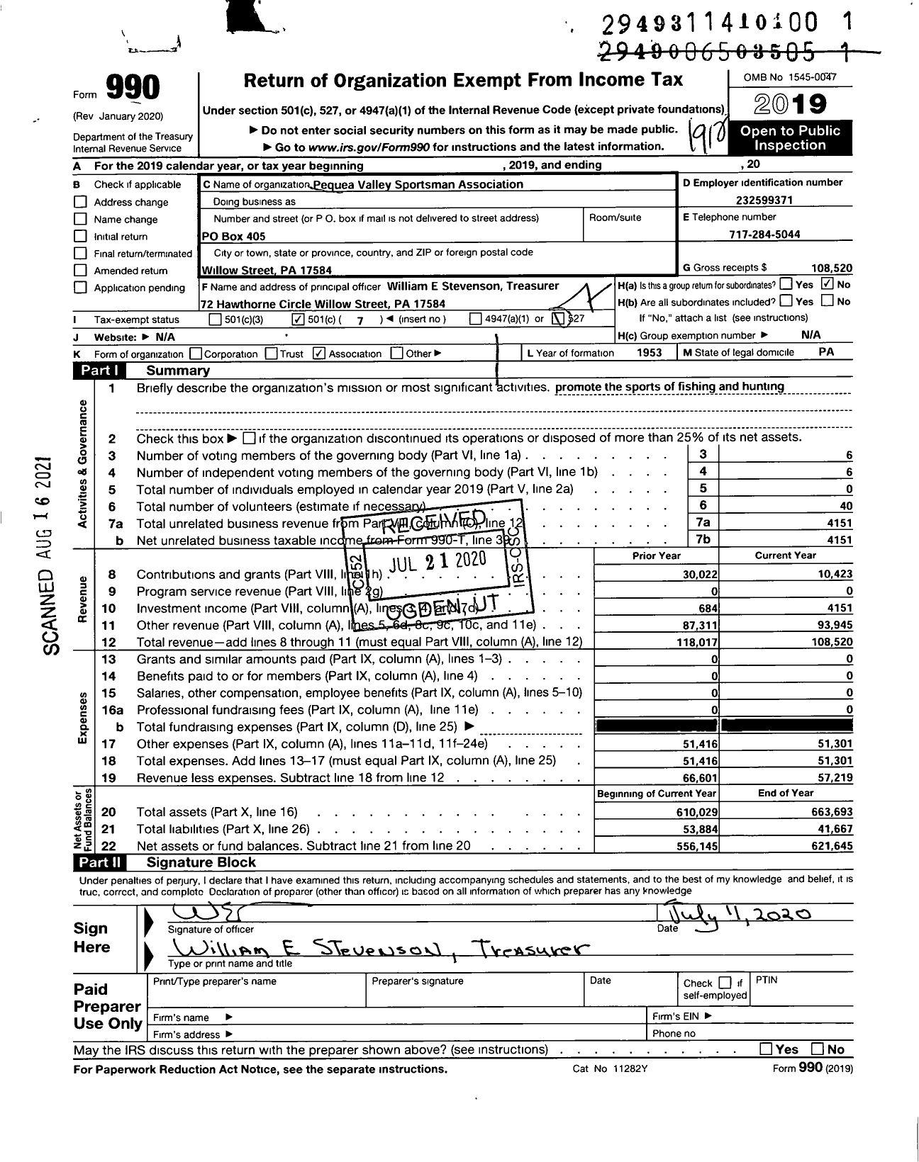 Image of first page of 2019 Form 990O for Pequea Valley Sportsman Association