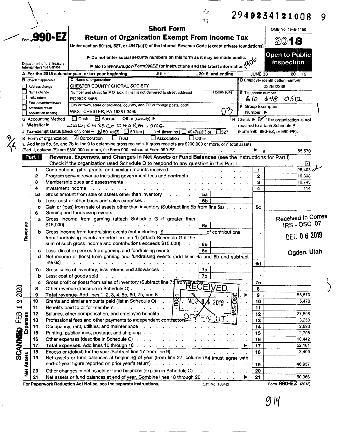 Image of first page of 2018 Form 990EZ for Chester County Choral Society