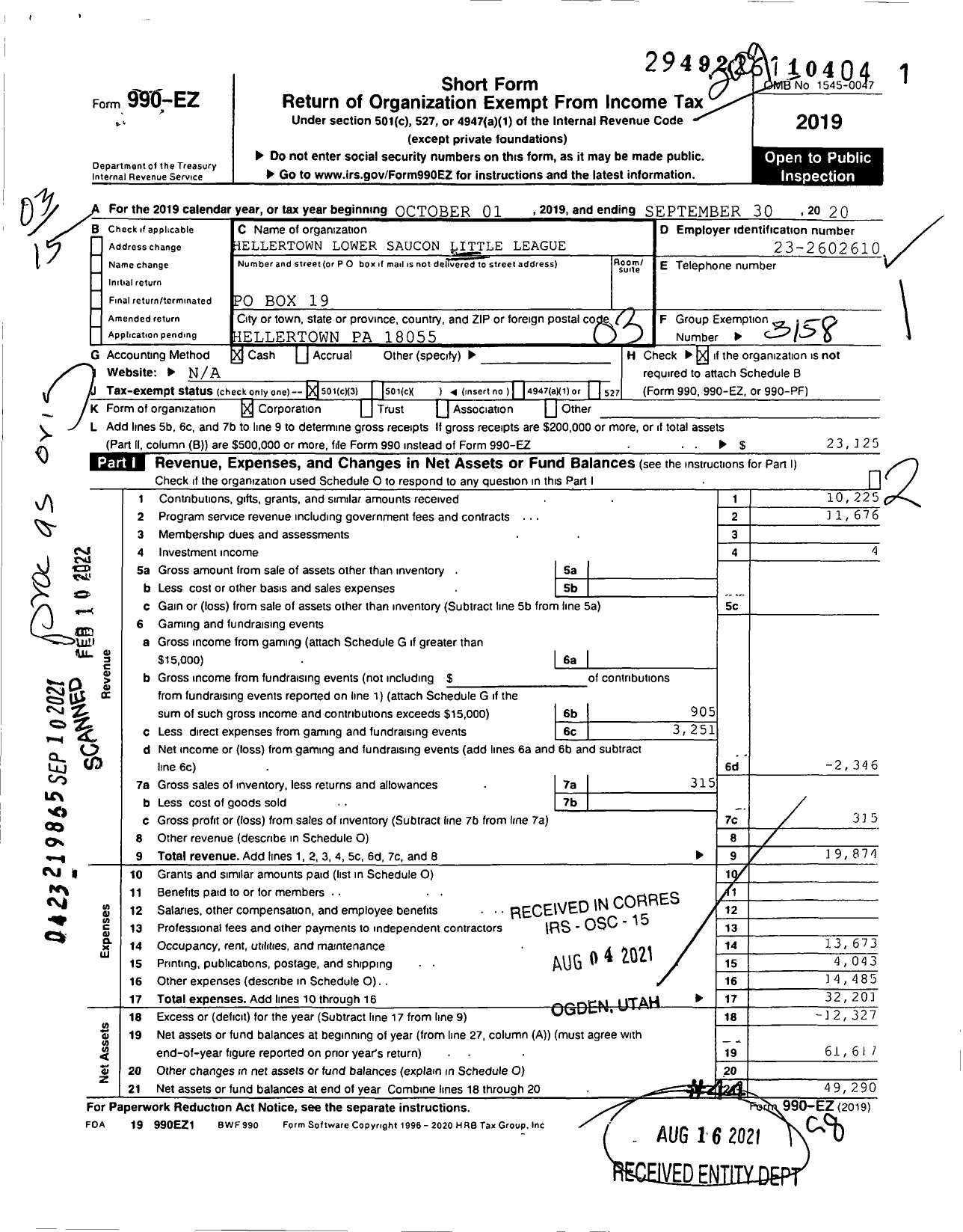 Image of first page of 2019 Form 990EZ for Little League Baseball - 2382017 Hellertown Lower Saucon LL