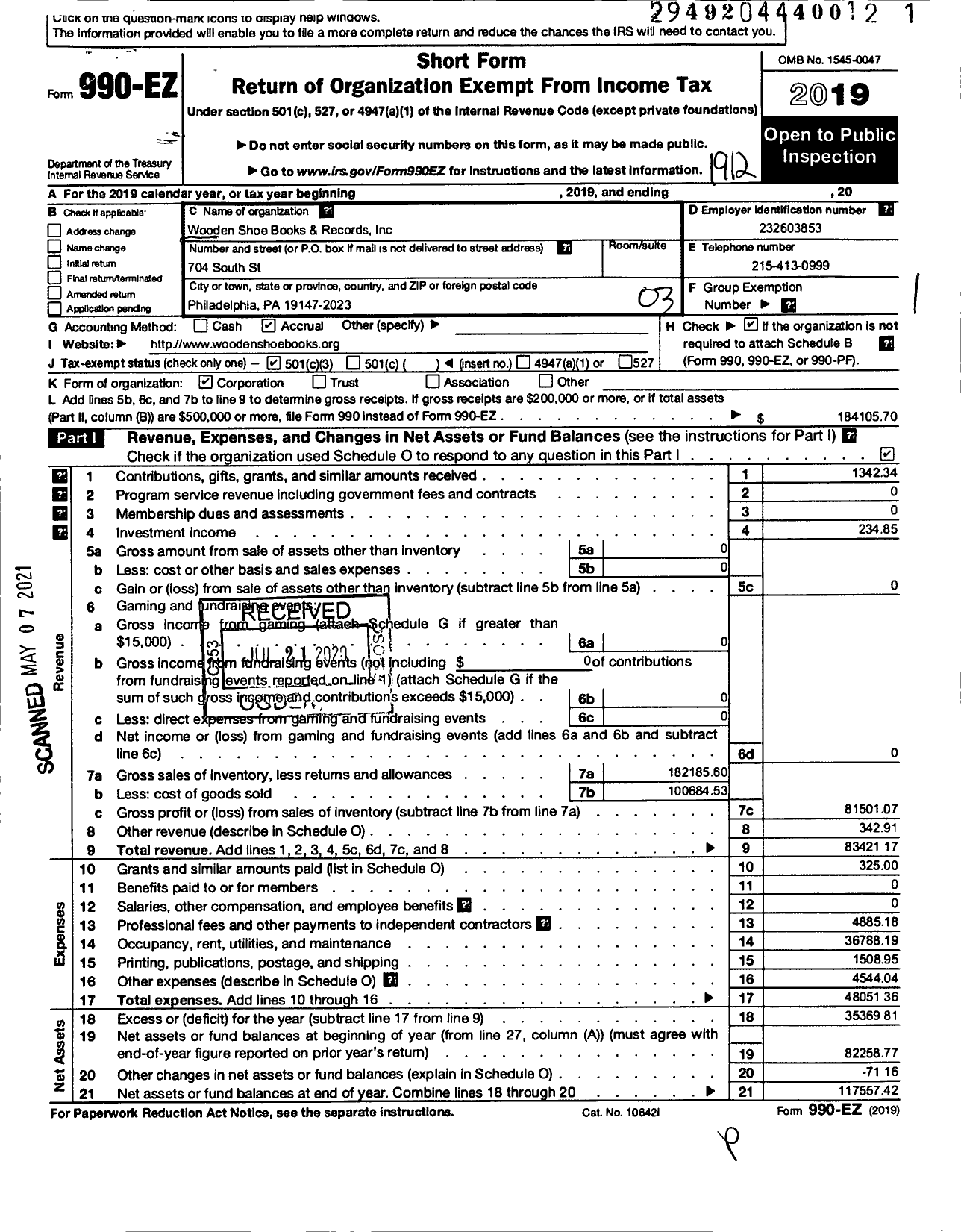 Image of first page of 2019 Form 990EZ for Wooden Shoe Books and Records