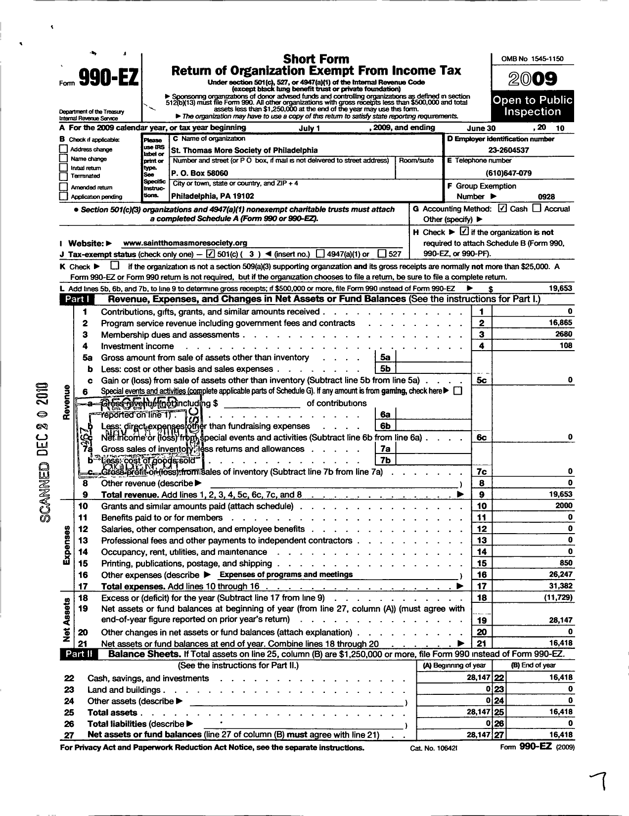 Image of first page of 2009 Form 990EZ for United States Catholic Conference / St Thomas More Society