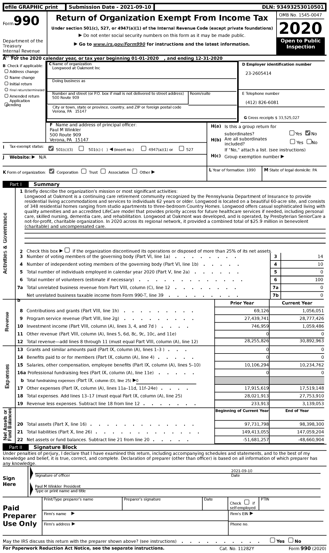 Image of first page of 2020 Form 990 for Longwood at Oakmont