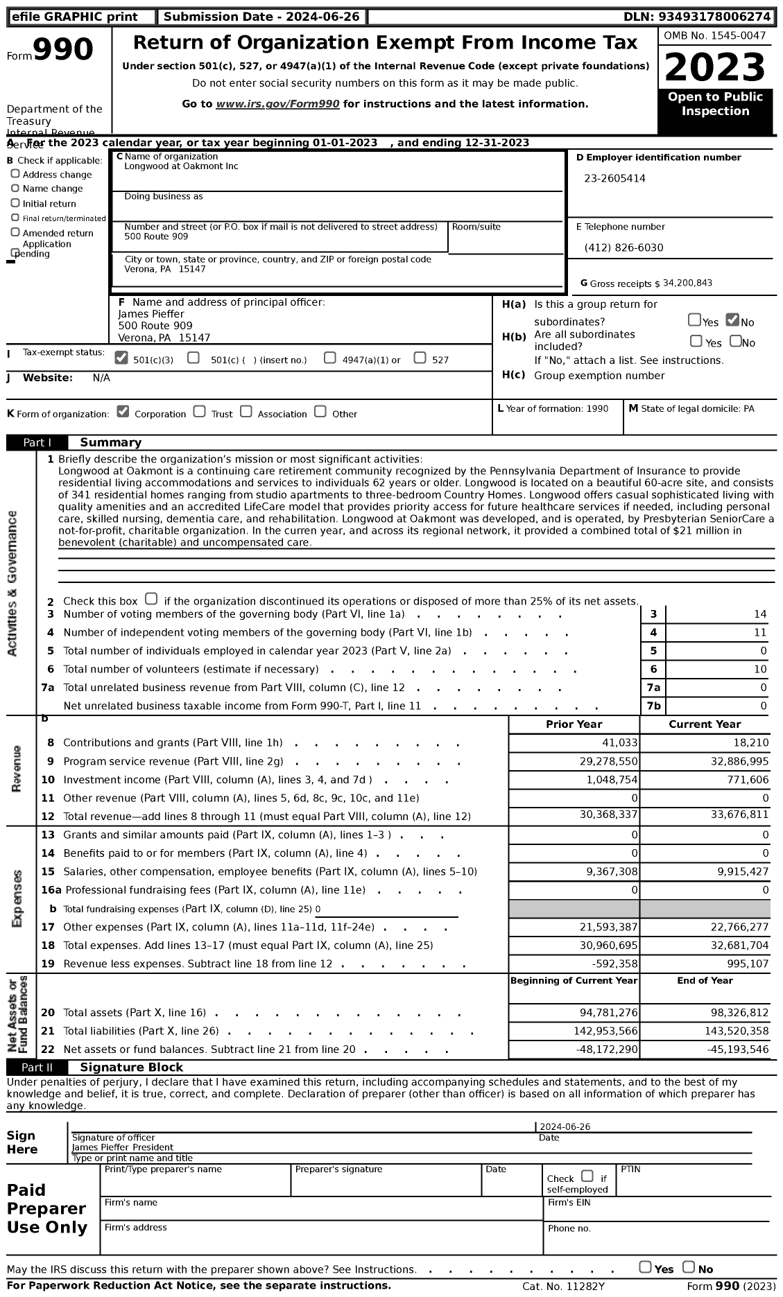 Image of first page of 2023 Form 990 for Longwood at Oakmont