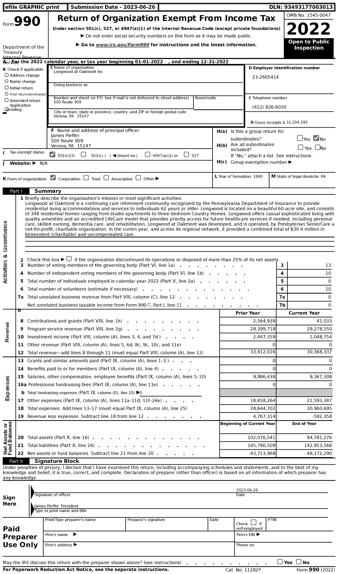 Image of first page of 2022 Form 990 for Longwood at Oakmont