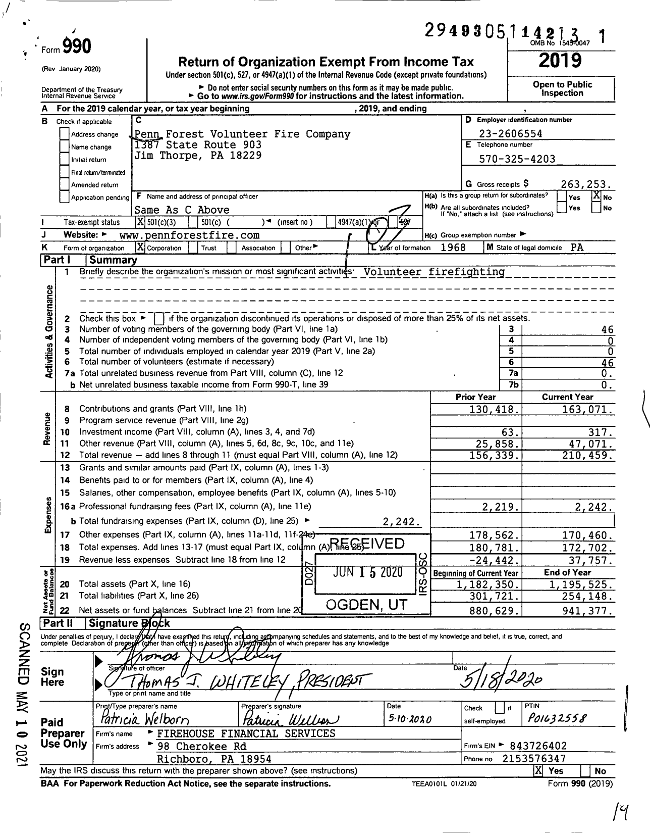 Image of first page of 2019 Form 990 for Penn Forest Township Volunteer Fire Co No 1