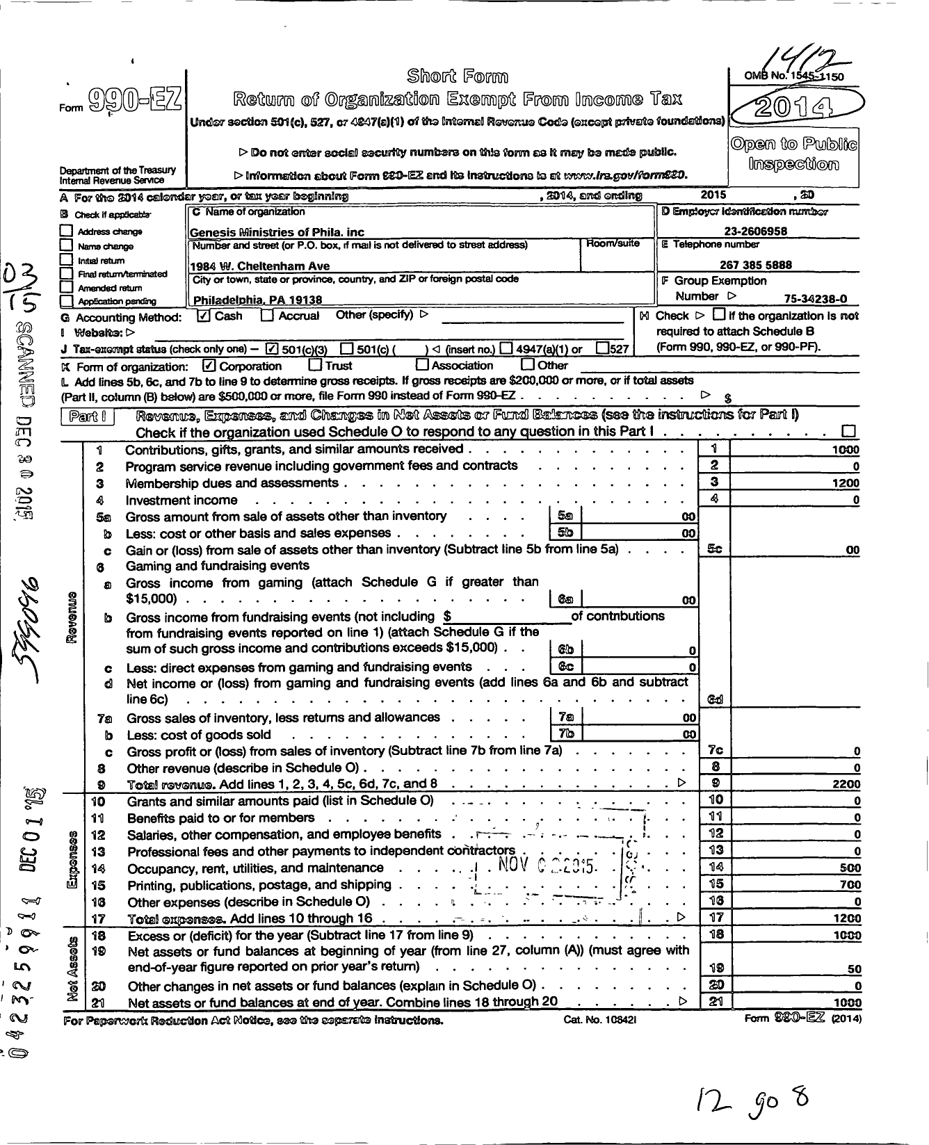 Image of first page of 2014 Form 990EZ for Genesis Ministries of Philadelphia