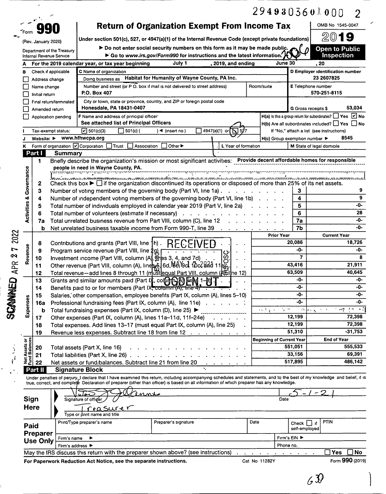 Image of first page of 2019 Form 990 for Habitat for Humanity - Wayne County Pennsylvania Inc Habit