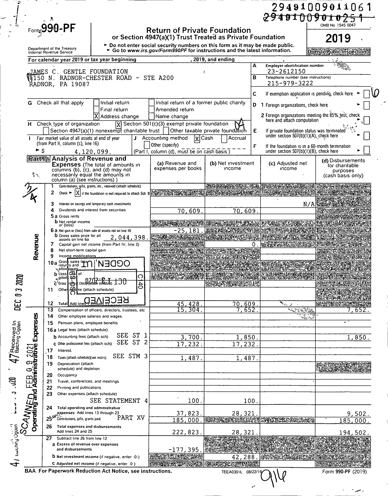 Image of first page of 2019 Form 990PF for James C Gentle Foundation