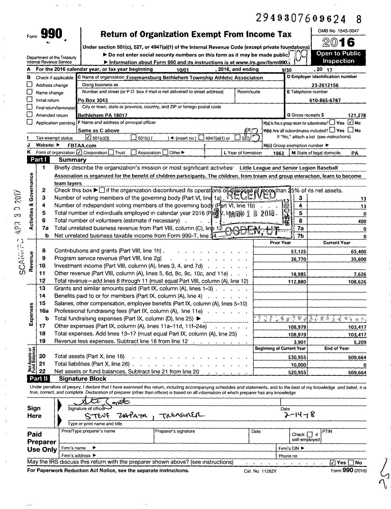 Image of first page of 2016 Form 990 for Freemansburg Bethlehem-Township Athletic Association
