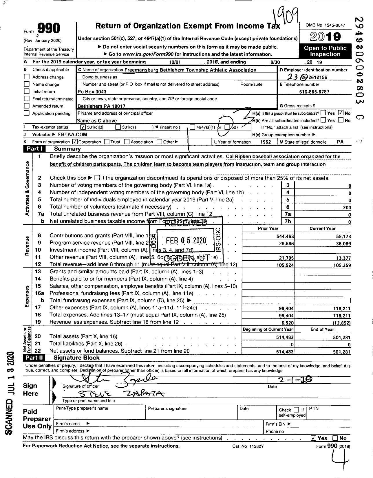 Image of first page of 2018 Form 990 for Freemansburg Bethlehem-Township Athletic Association