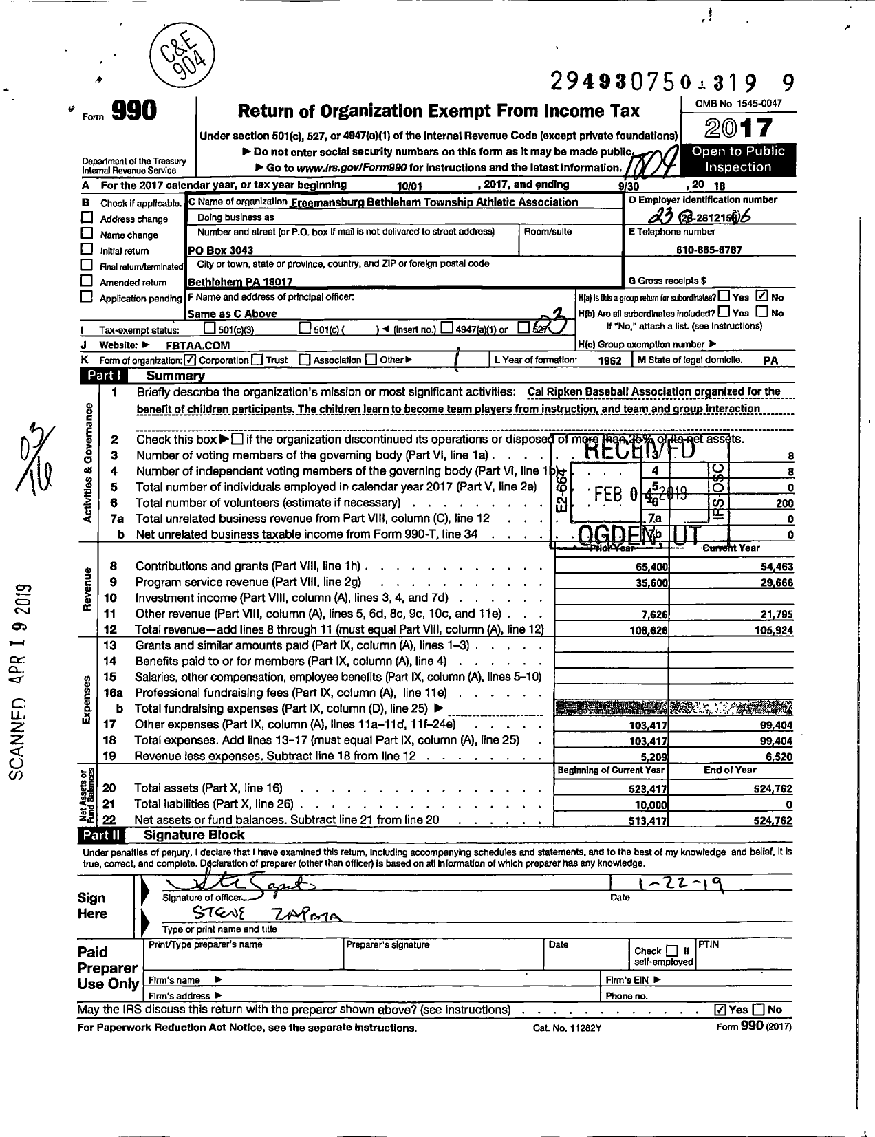Image of first page of 2017 Form 990 for Freemansburg Bethlehem-Township Athletic Association