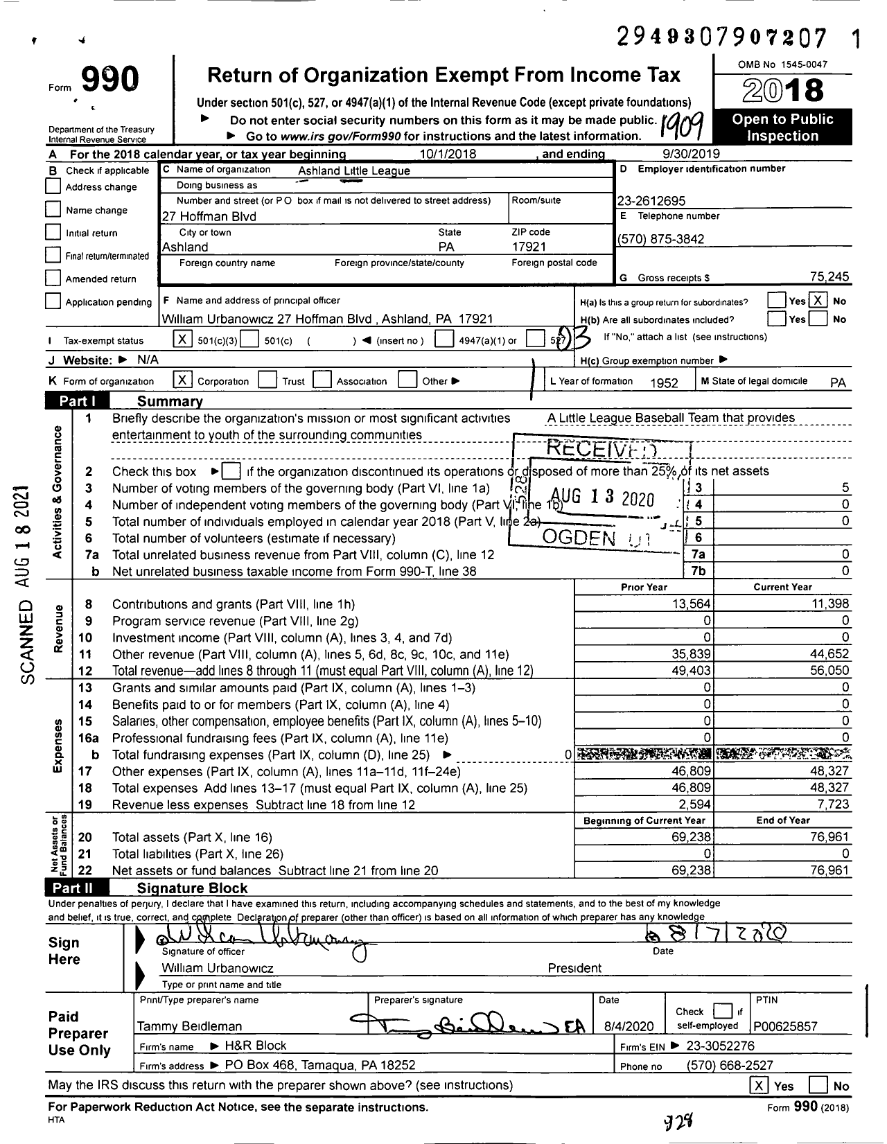 Image of first page of 2018 Form 990 for Little League Baseball - 2382401 Ashland LL