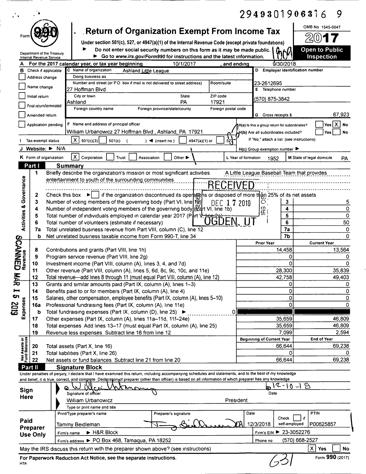 Image of first page of 2017 Form 990 for Little League Baseball - 2382401 Ashland LL